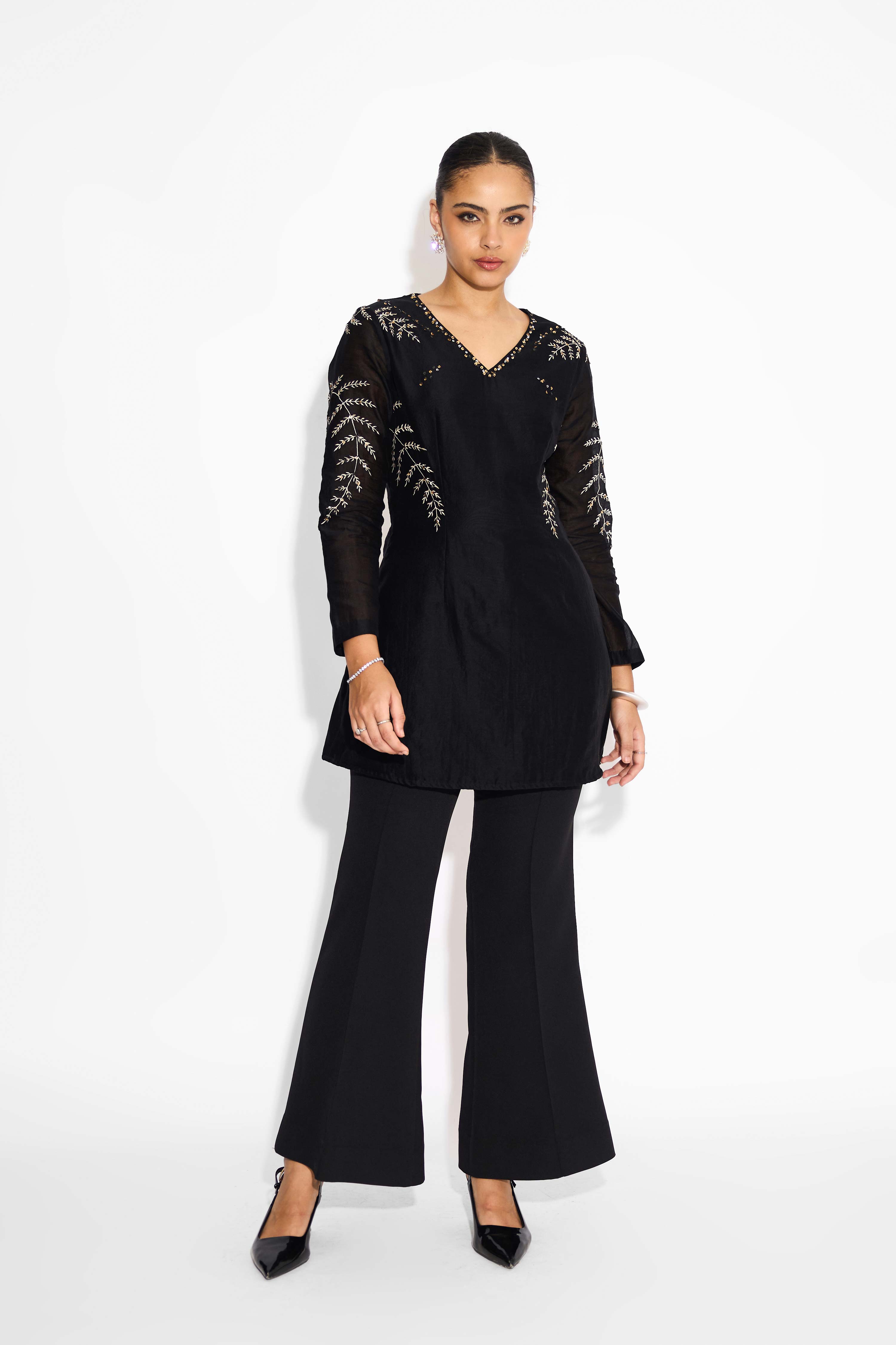 Black Short Kurta With Silver And Golden Embellishment