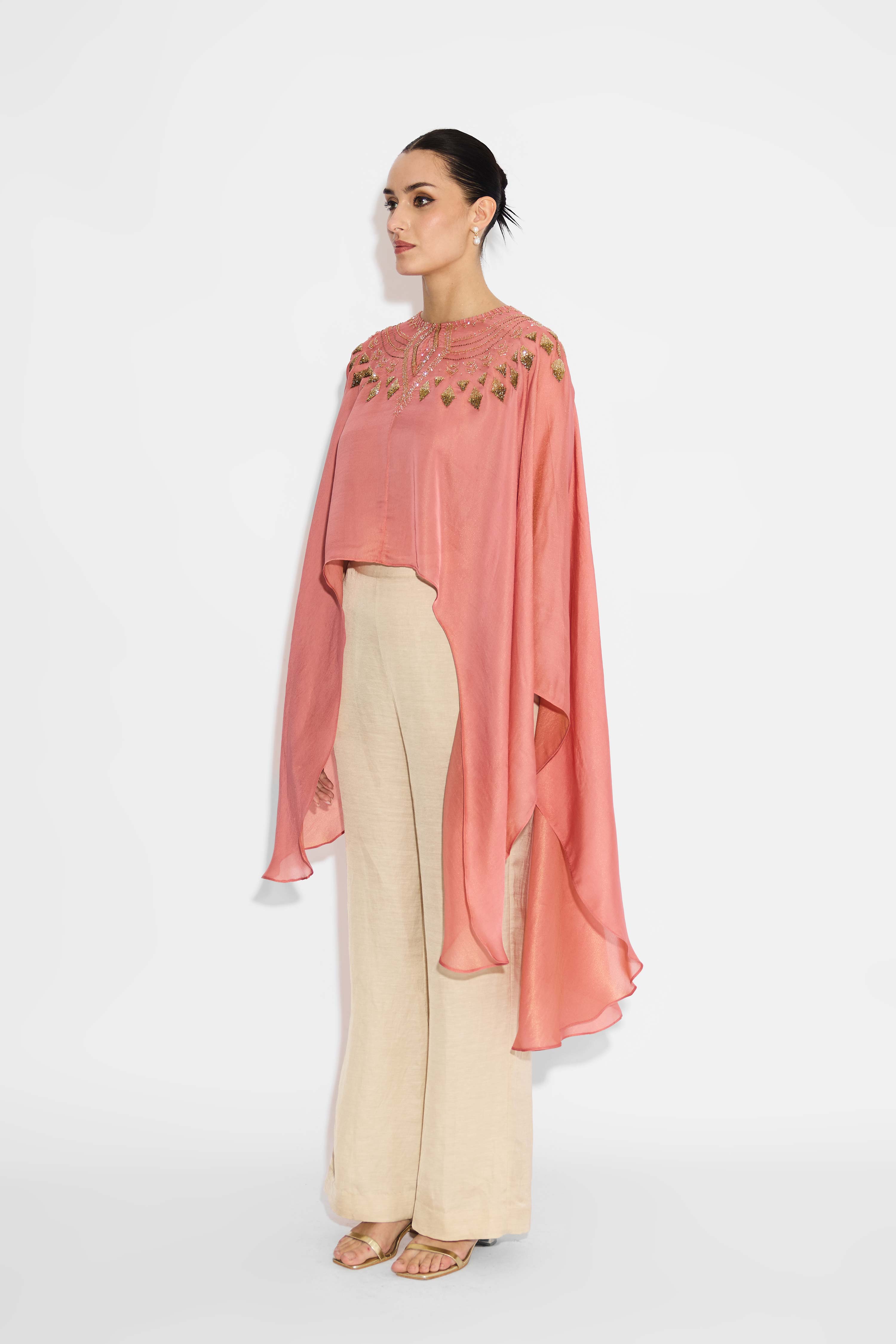 Peach Cape With Hand Embellishment At Neckline