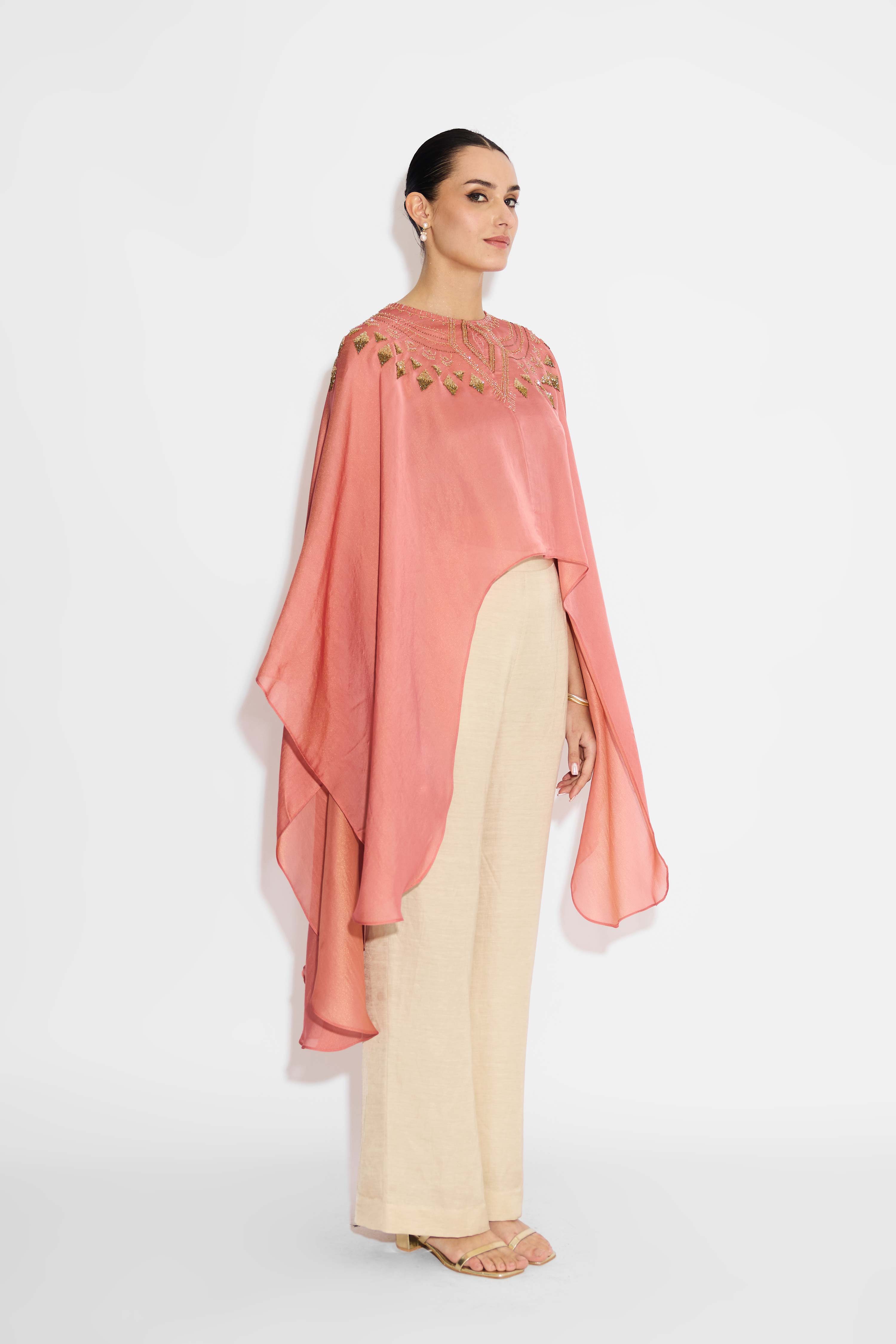 Peach Cape With Hand Embellishment At Neckline