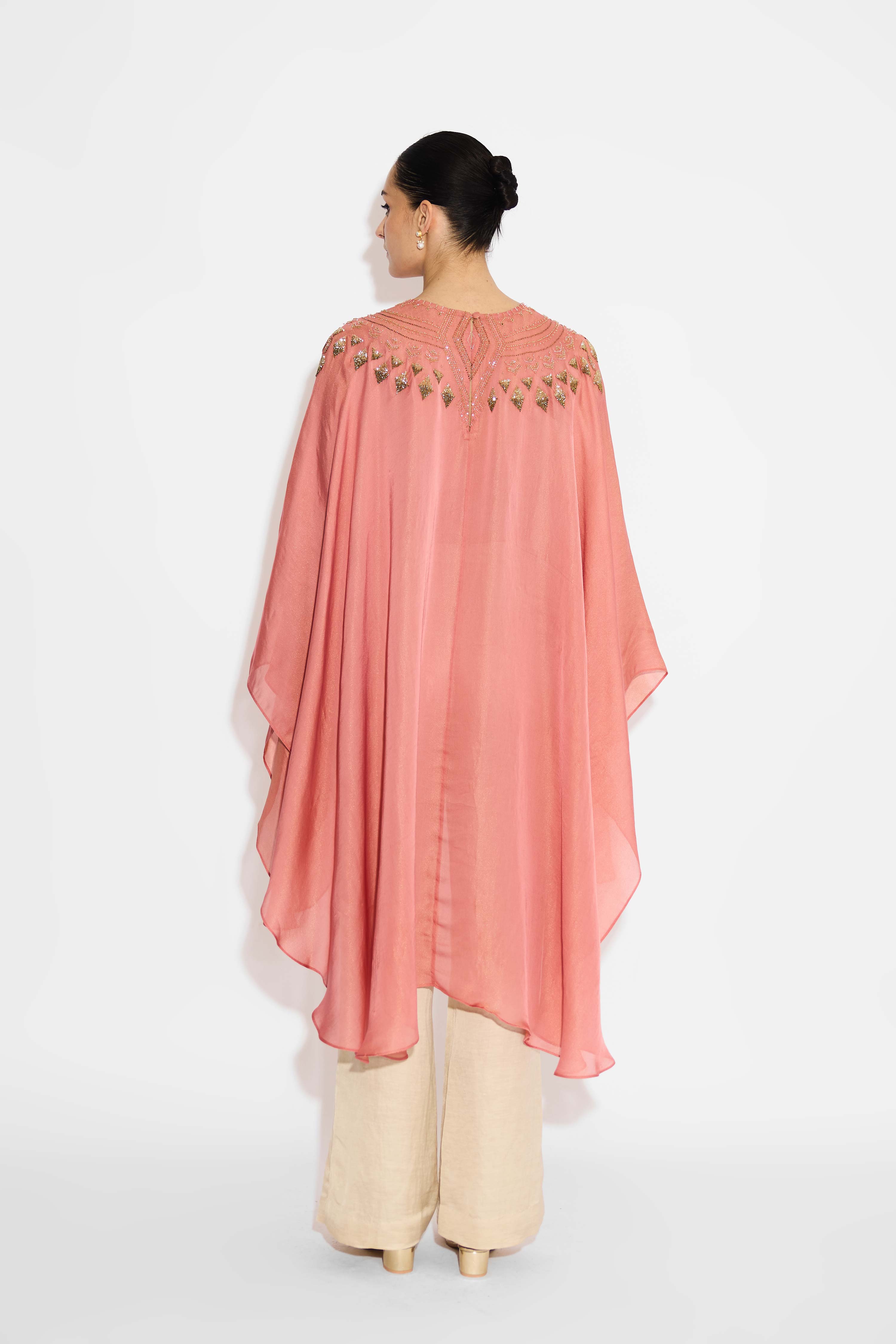 Peach Cape With Hand Embellishment At Neckline