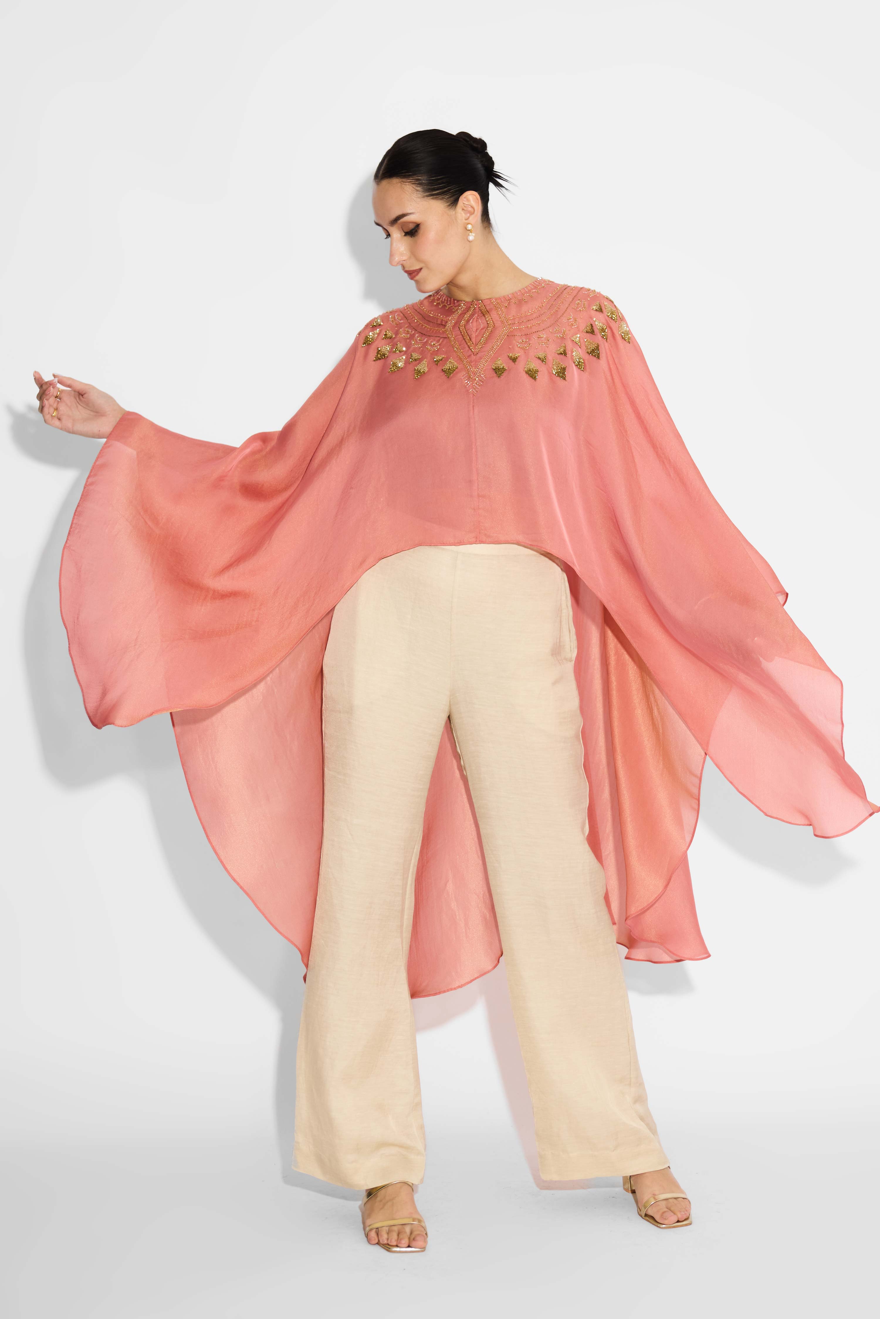 Peach Cape With Hand Embellishment At Neckline