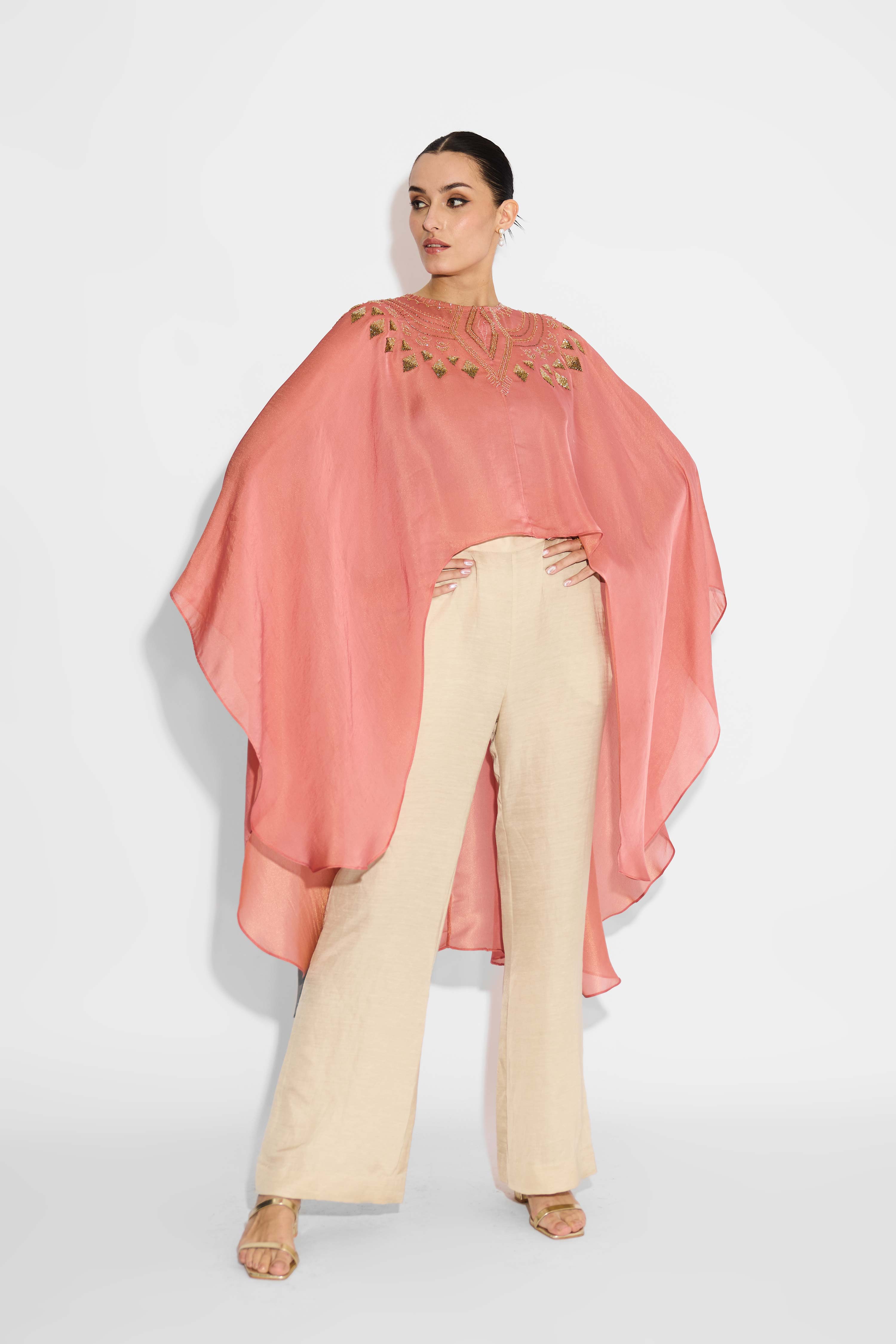 Peach Cape With Hand Embellishment At Neckline
