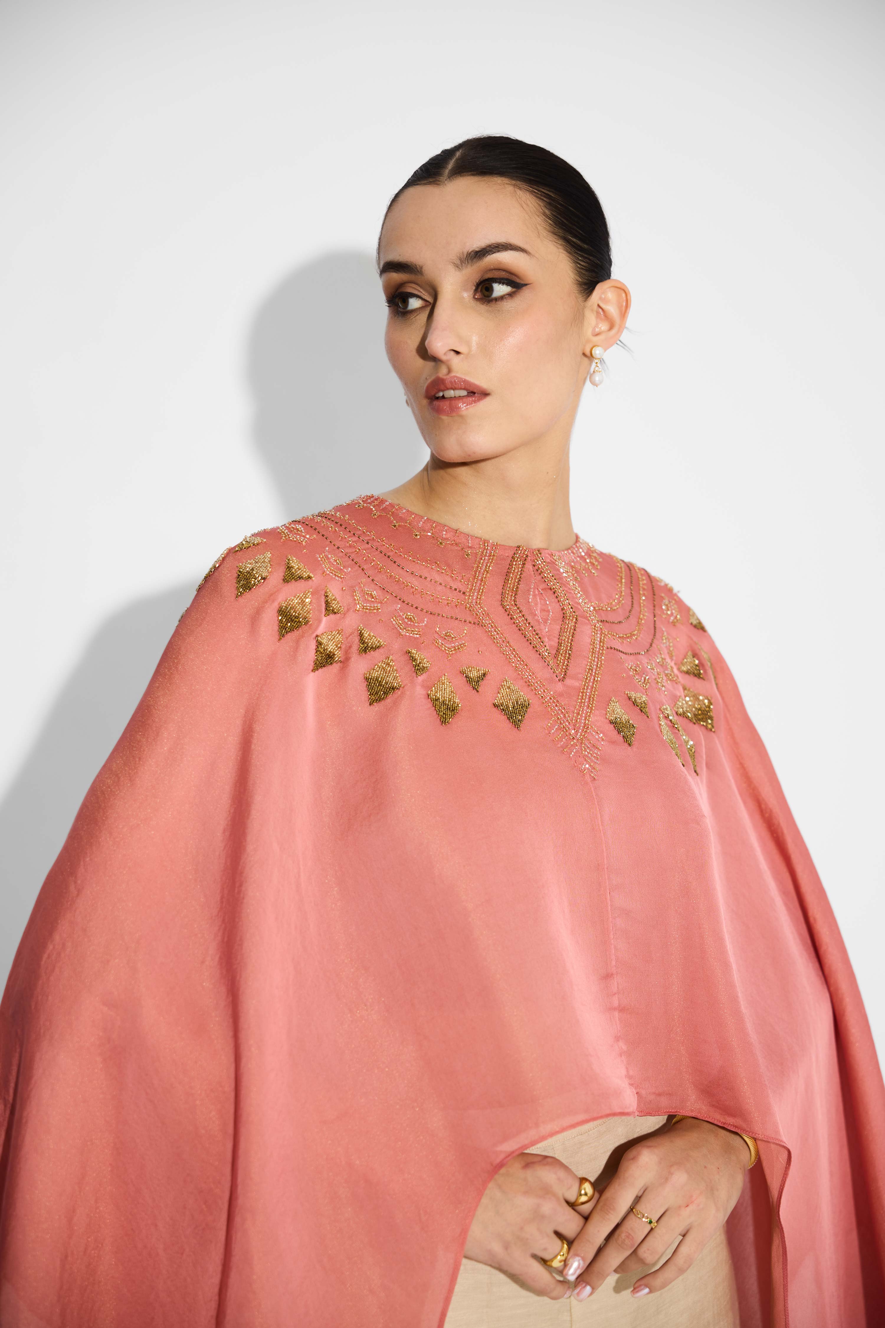 Peach Cape With Hand Embellishment At Neckline