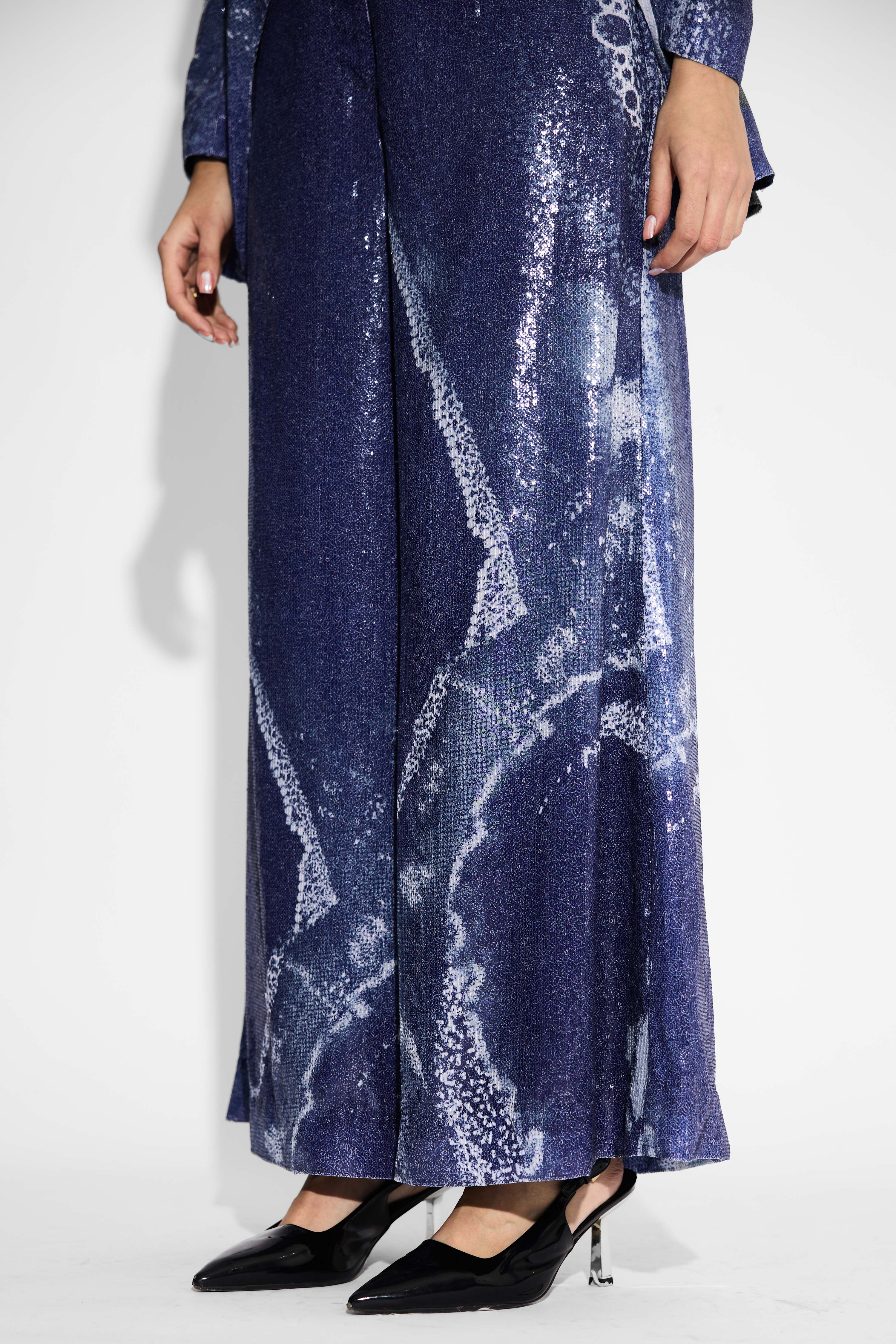 Amorphous Print Blue Sequins Wide Leg  Pant