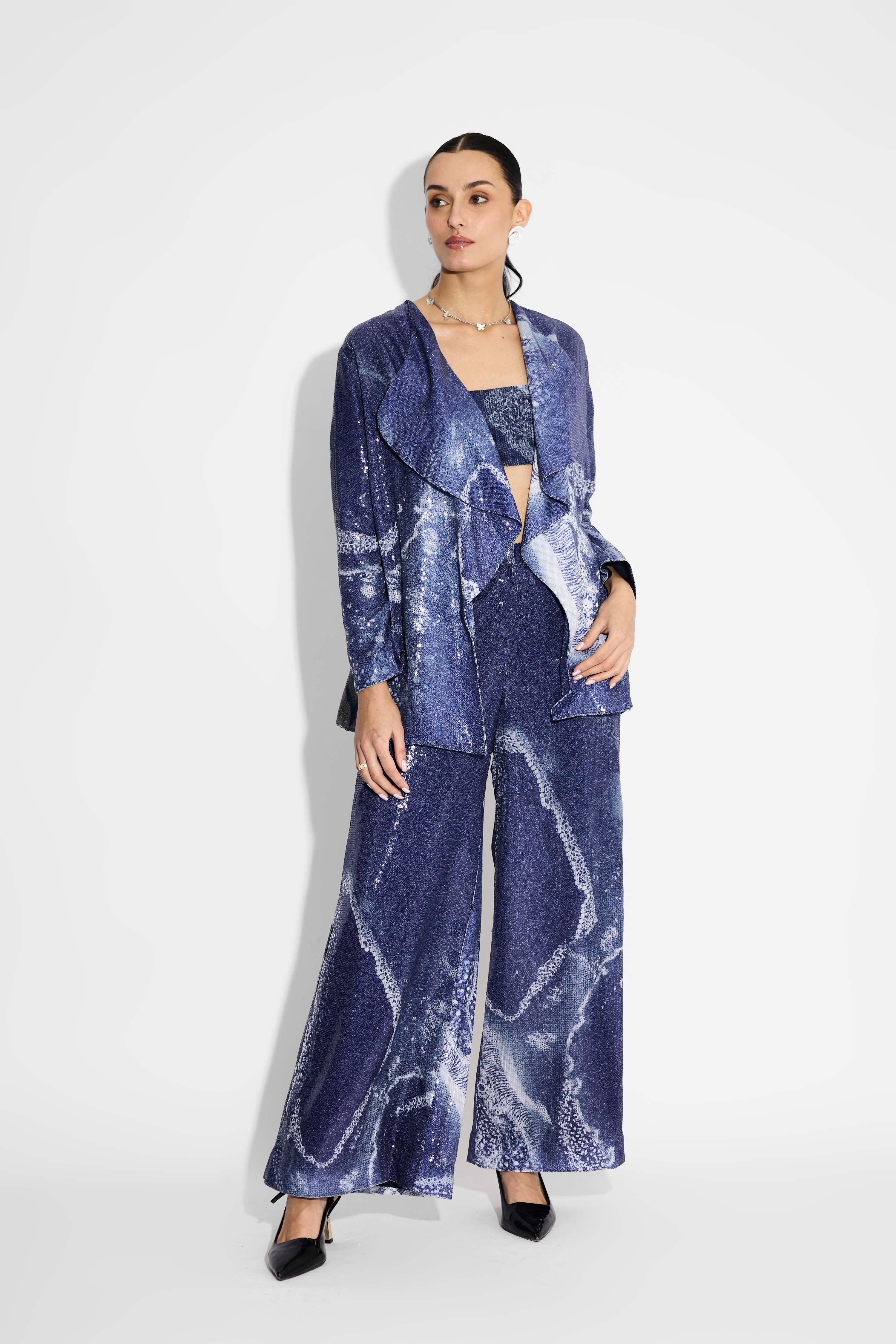 Amorphous Print Blue Sequins Wide Leg  Pant