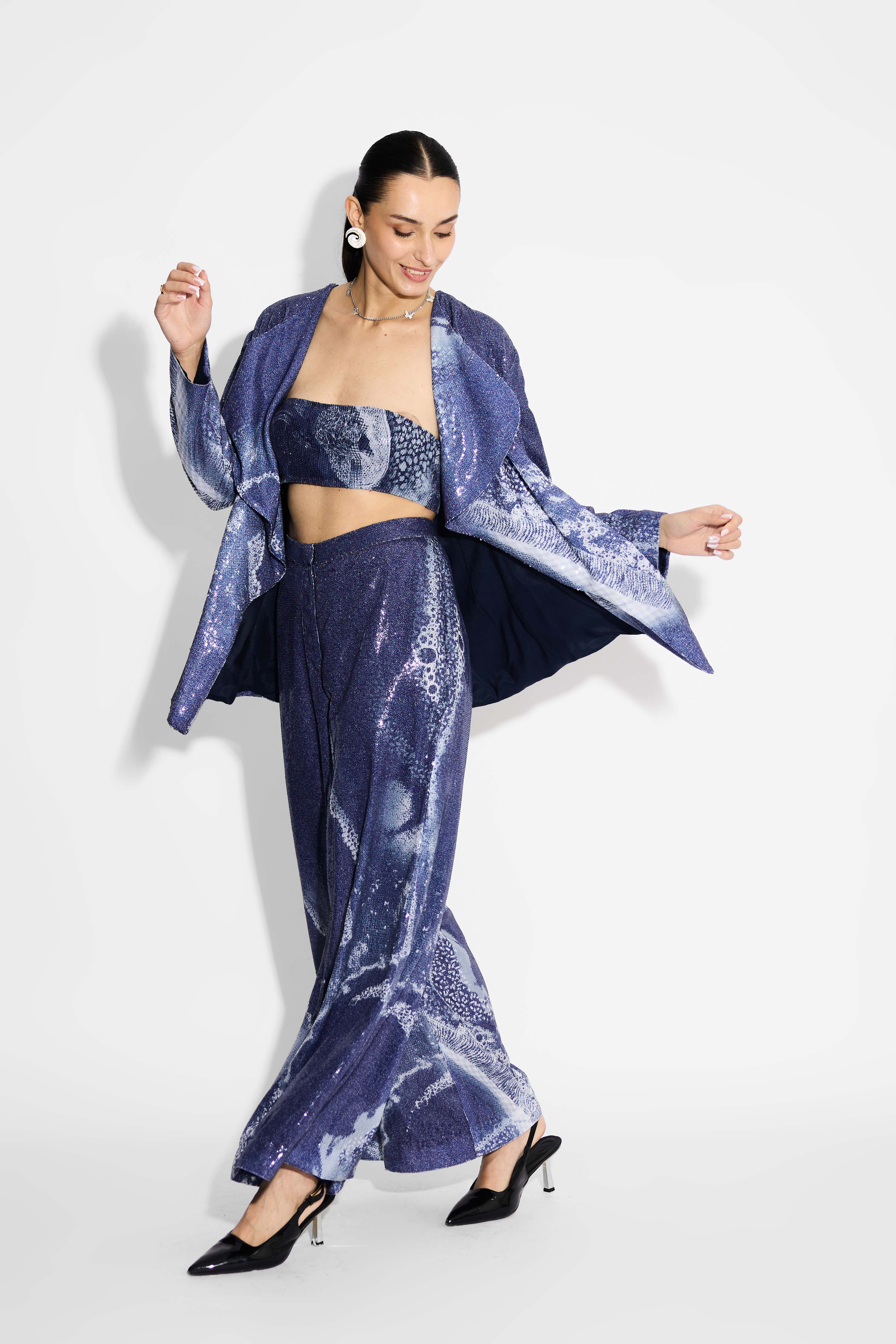 Amorphous Print Blue Sequins Wide Leg  Pant