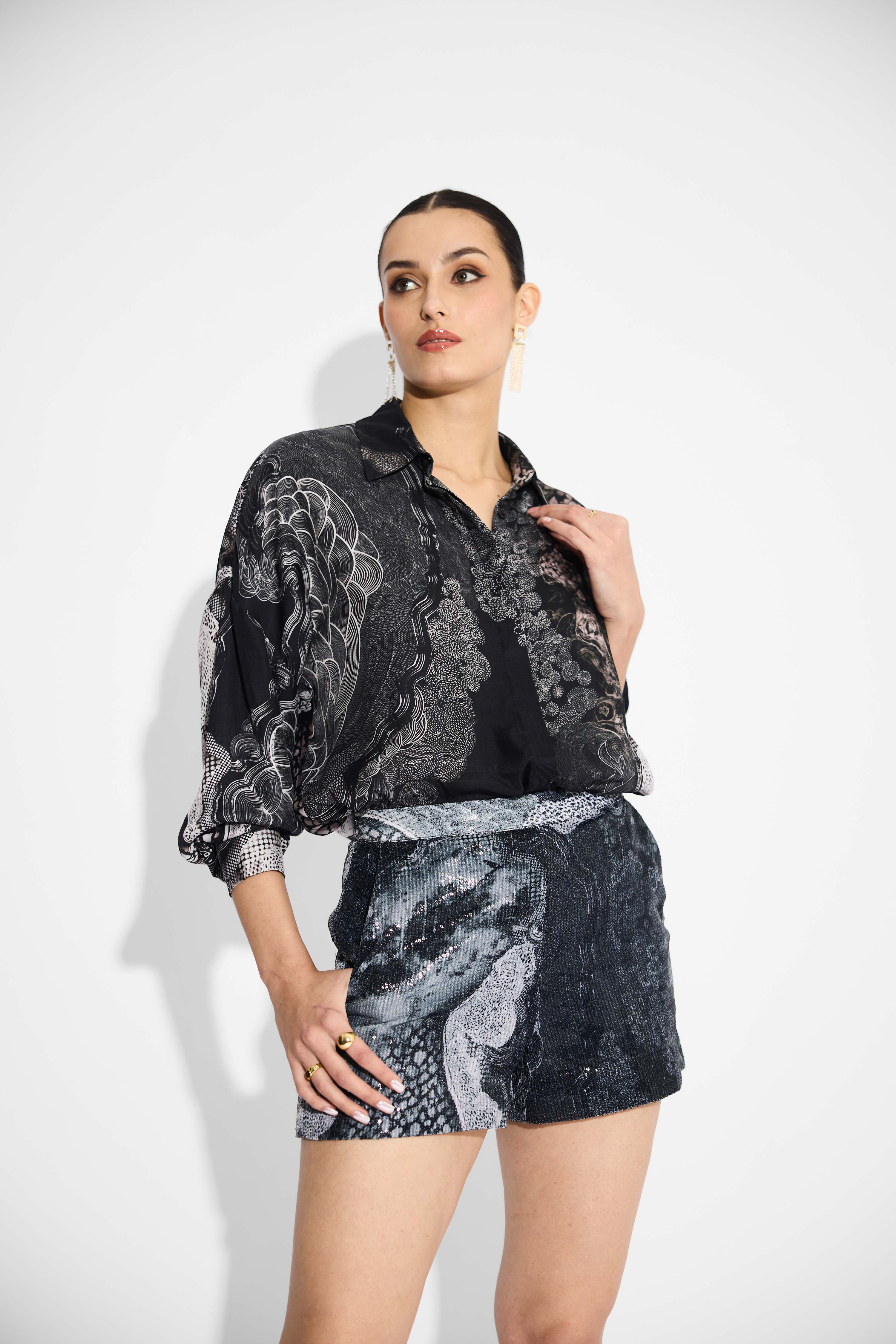 Amorphous Print Black Sequins Shorts