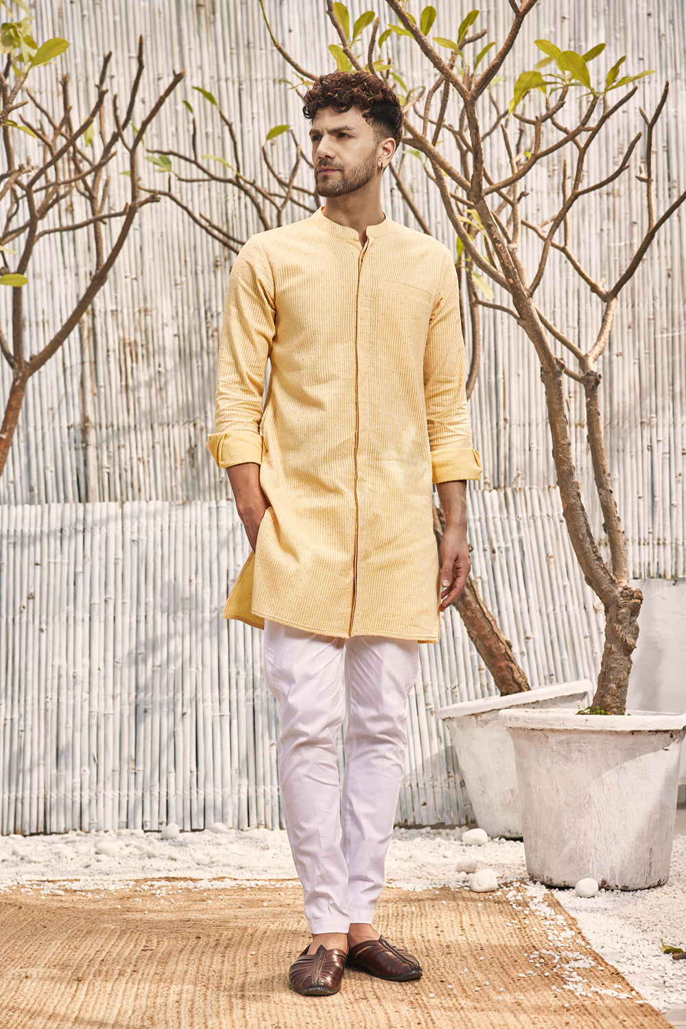 Cotton Placket Kurta With Pant - Set Of 2