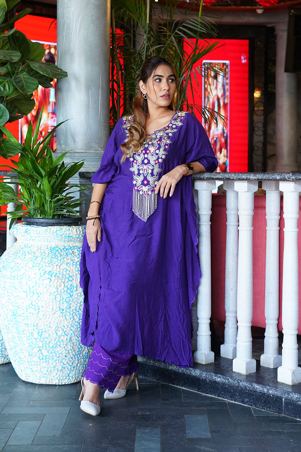 Purple Embroidered Organza Cape & Pick-up Skirt Set | Ambar