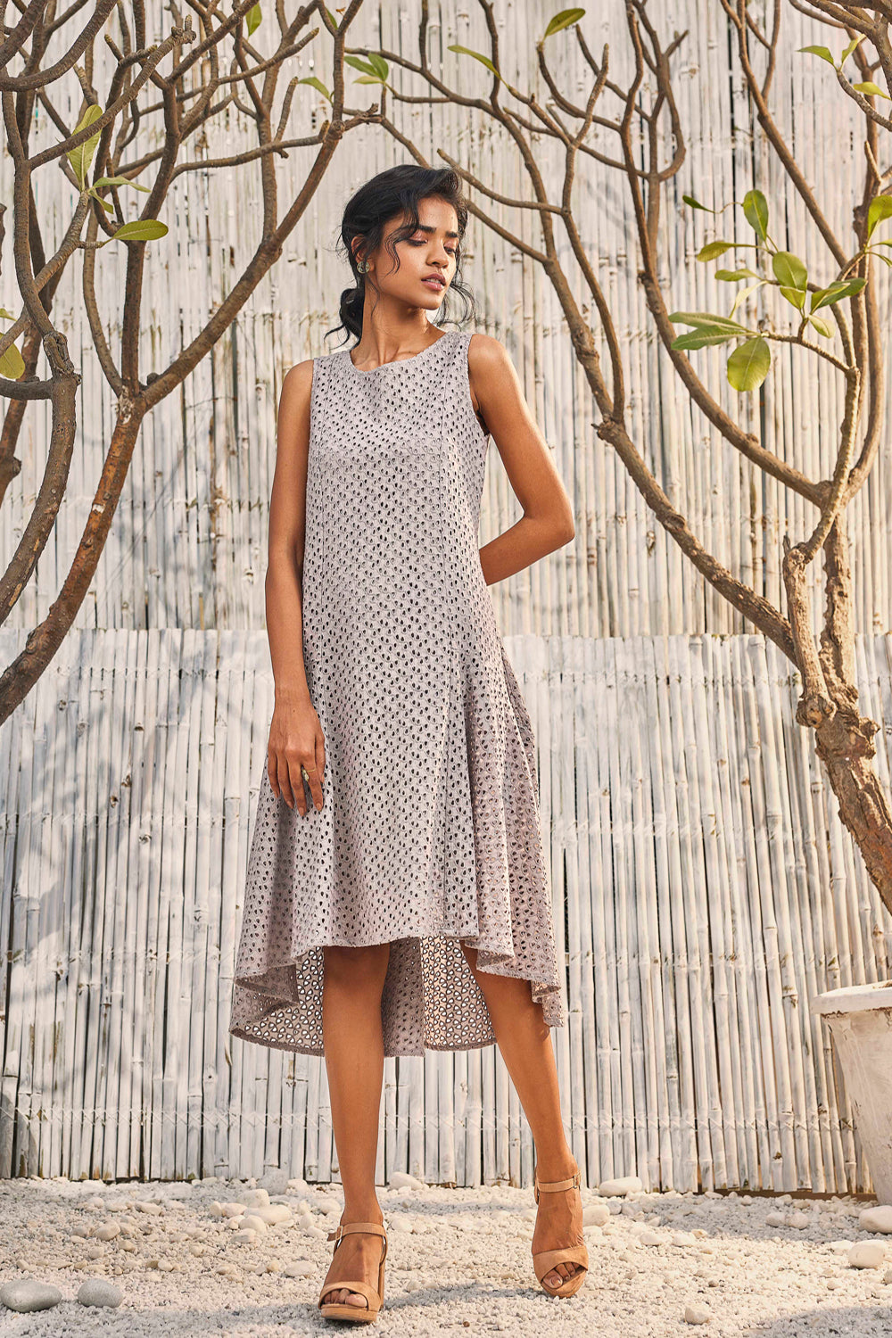 Steel Grey High-Low Cutwork Flared Dress