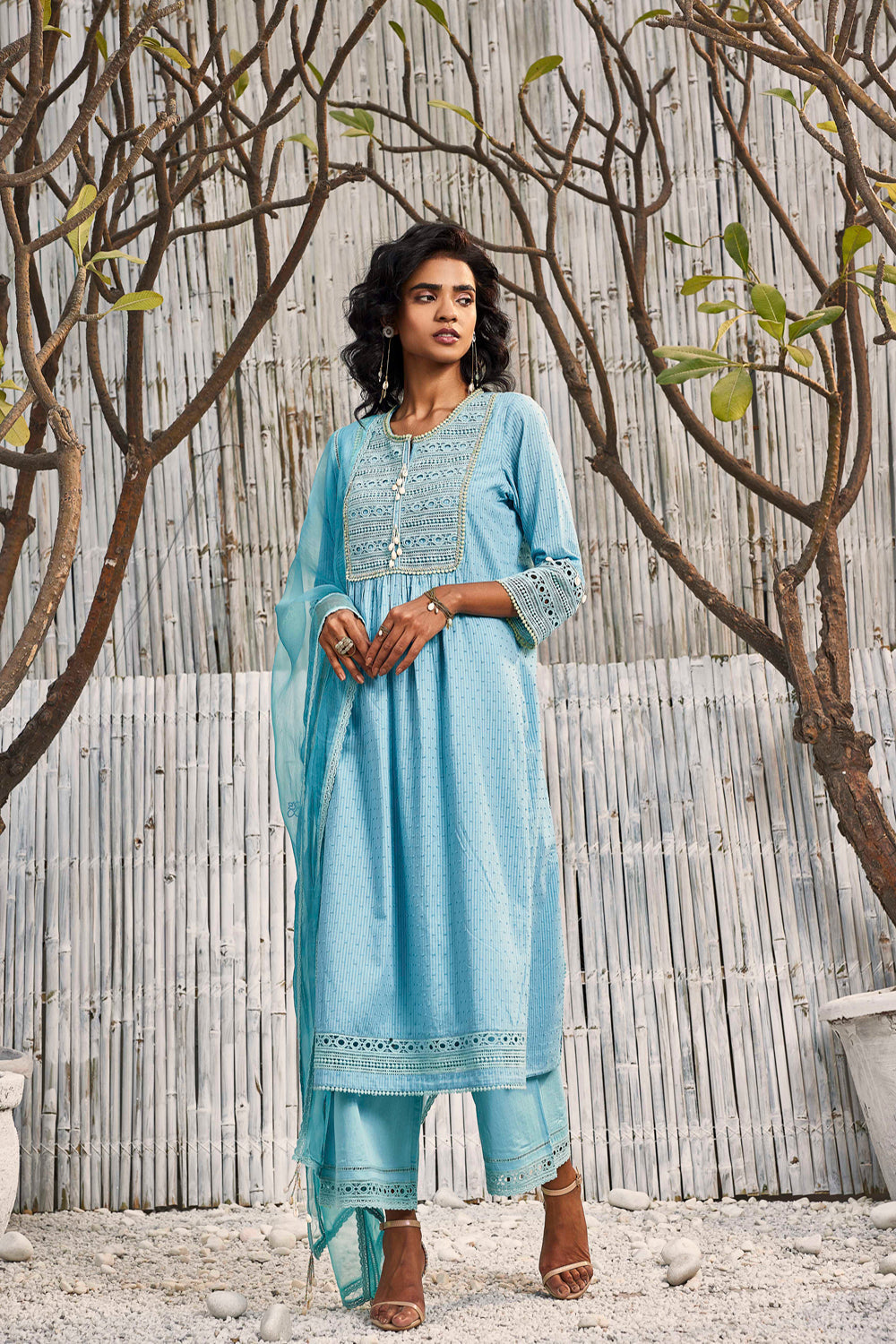 Tropical Blue Cotton Kurta With Palazzo - Set Of 3