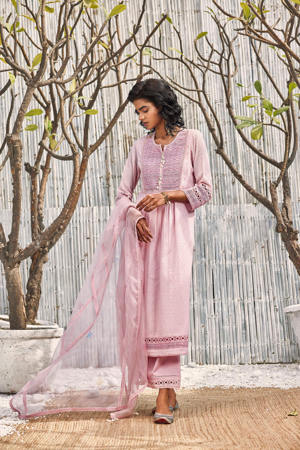 Blush Pink Cotton Kurta With Palazzo - Set Of 3