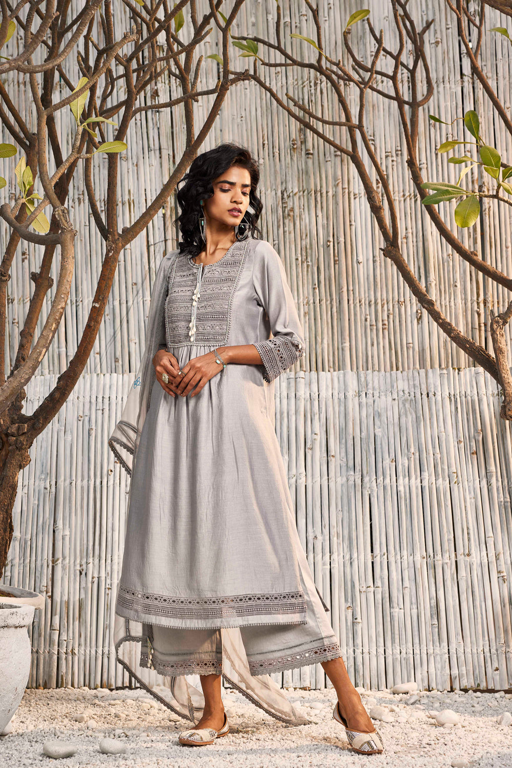 Steel Grey Chanderi Kurta With Palazzo - Set Of 3