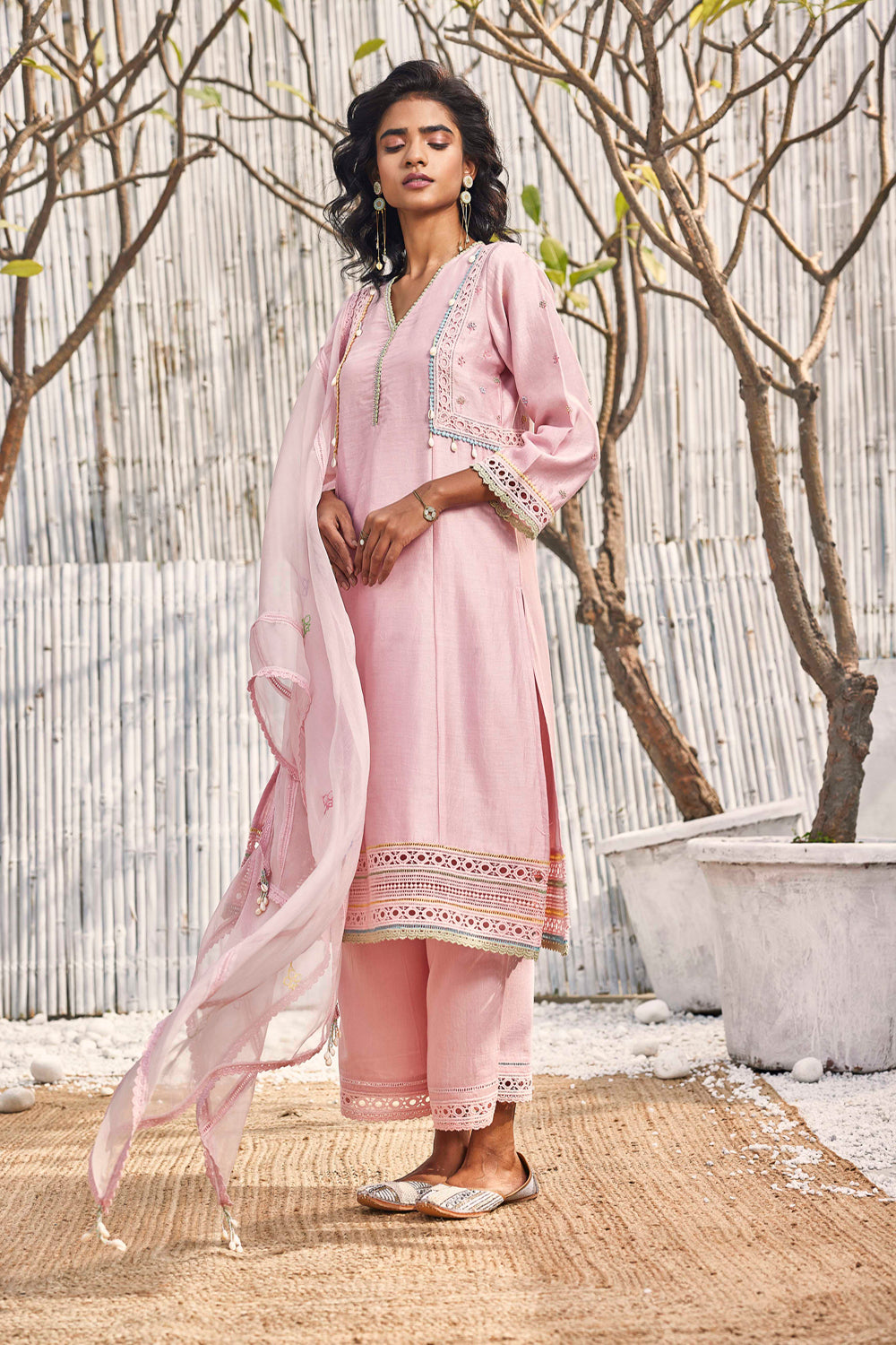 Blush Pink A-Line Kurta With Palazzo - Set Of 3