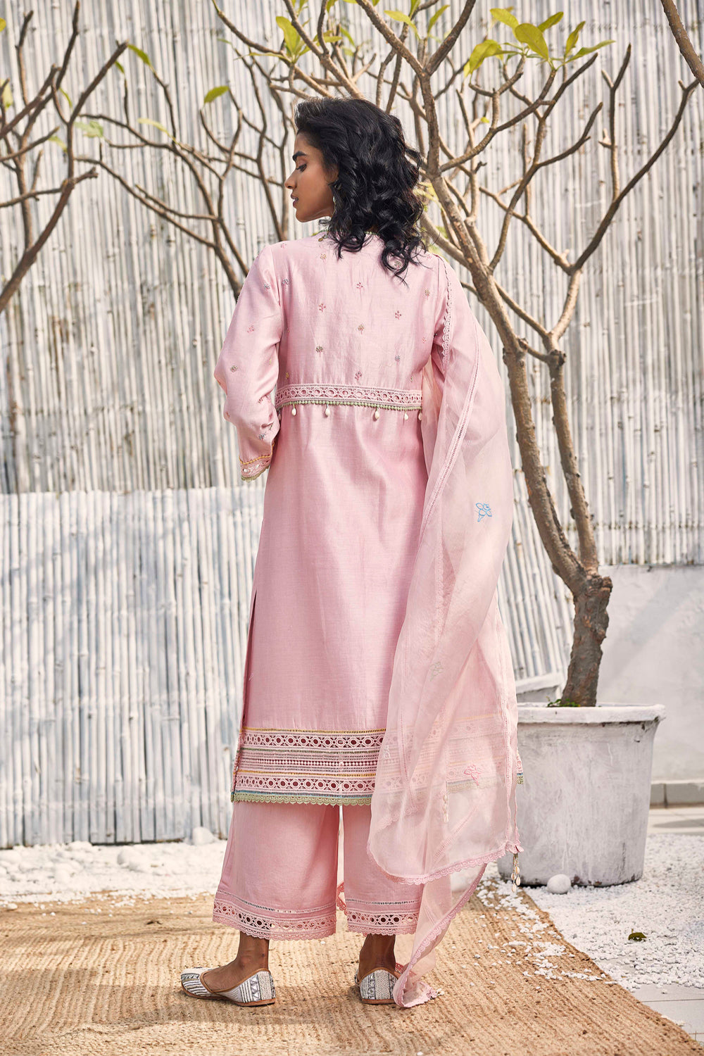 Blush Pink A-Line Kurta With Palazzo - Set Of 3