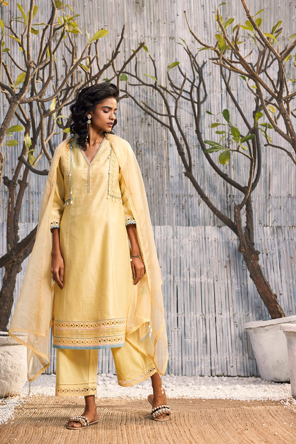 Sunshine Yellow A-Line Kurta With Palazzo - Set Of 3