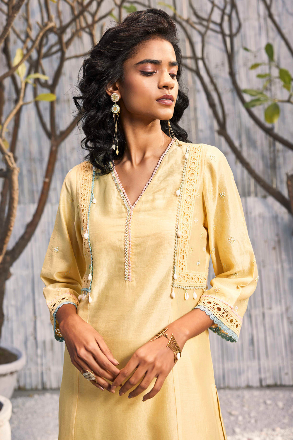 Sunshine Yellow A-Line Kurta With Palazzo - Set Of 3