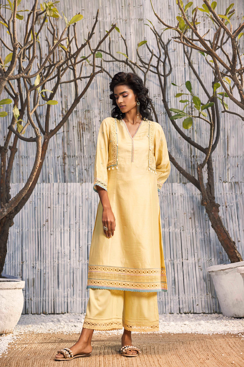 Sunshine Yellow A-Line Kurta With Palazzo - Set Of 2