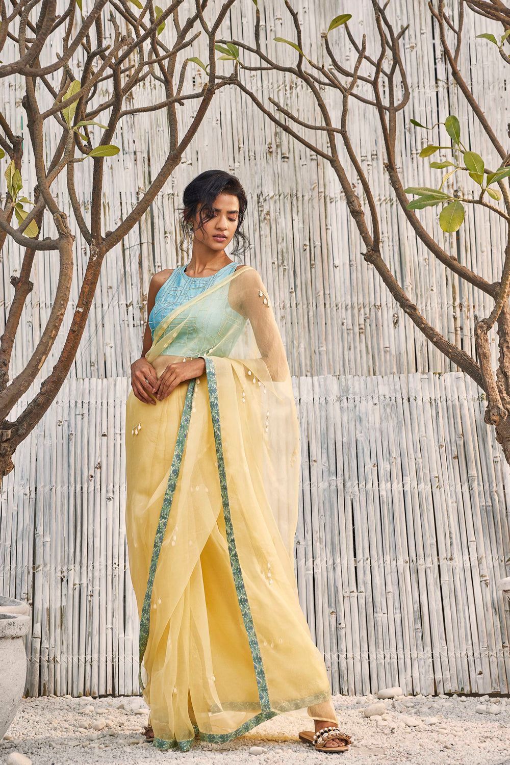 Sunshine Yellow Organza Saree With Blouse - Set Of 2