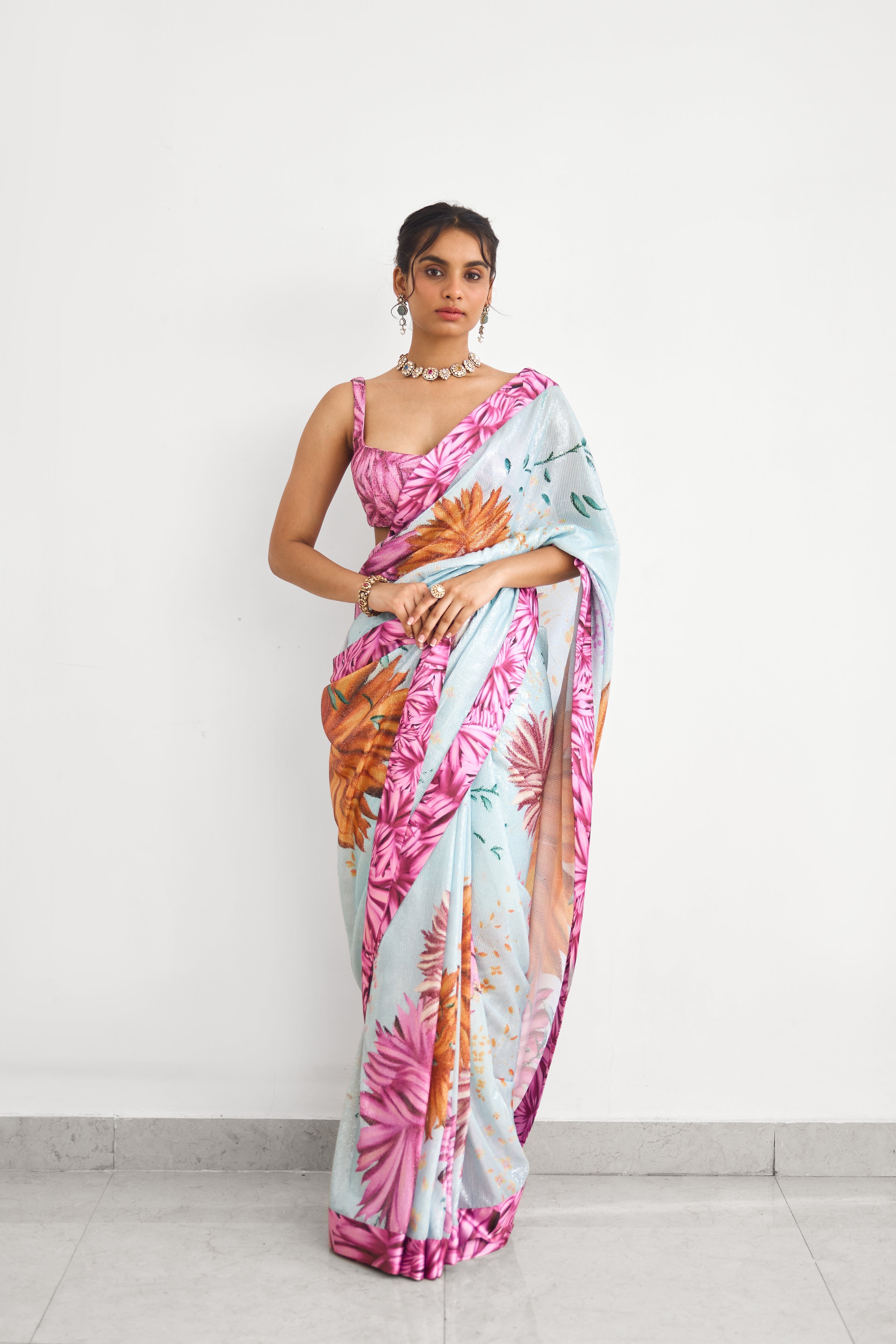 Bright Flower Women wear Sequence saree set