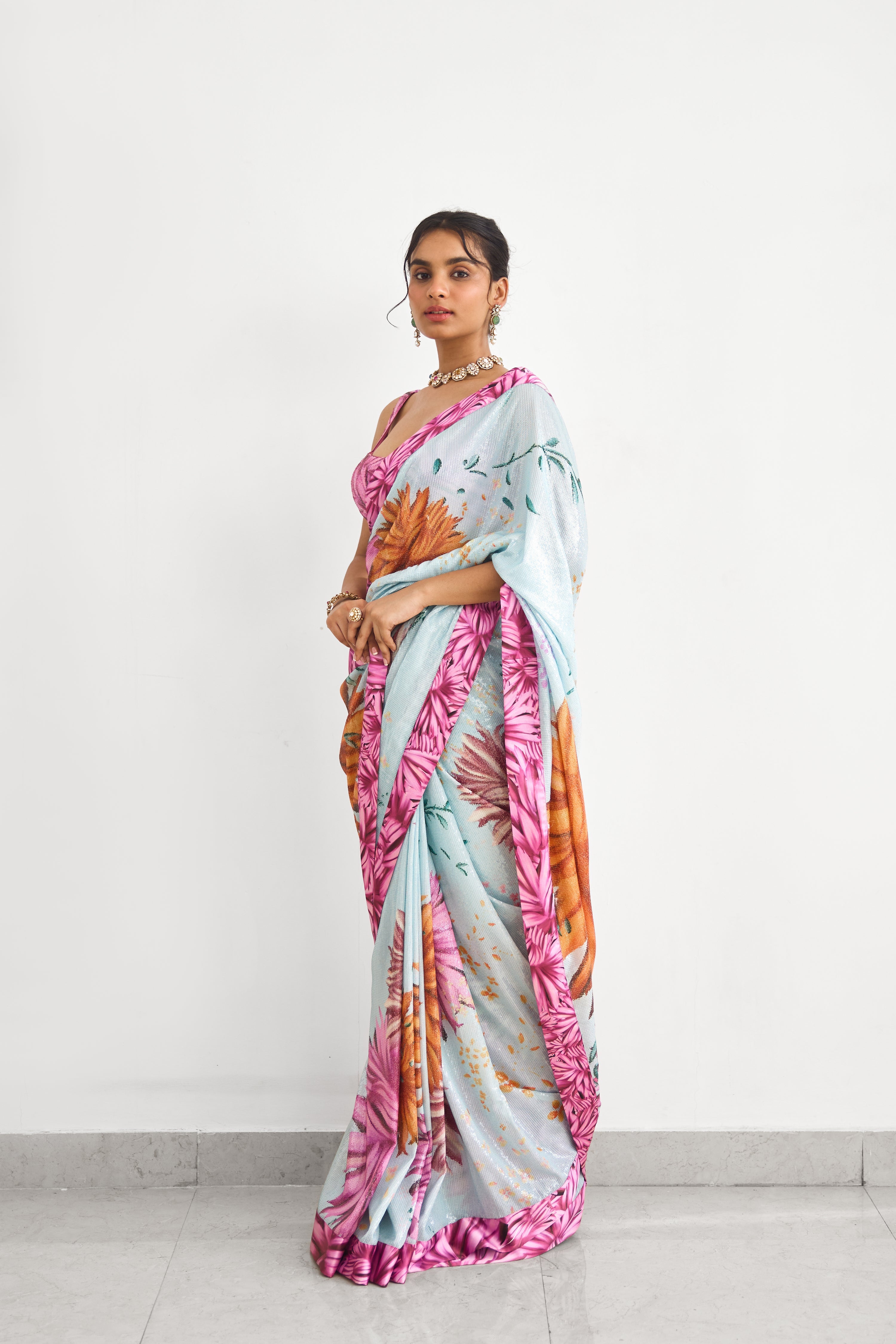 Bright Flower Women wear Sequence saree set