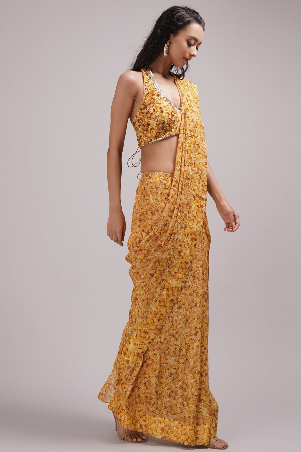 Halter Neck Blouse Pre Draped Saree Set