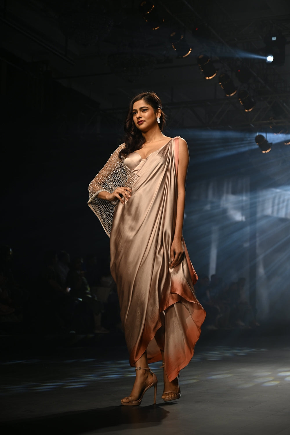 Ombre draped saree dress with a bralette and pearl detailing on mesh throw.