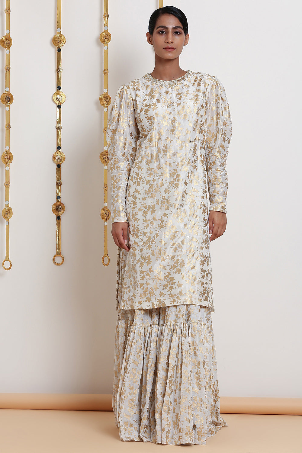 Embroidered & Printed White Kurta Set With Belt - Auraya Fashion - Seema Nanda - 