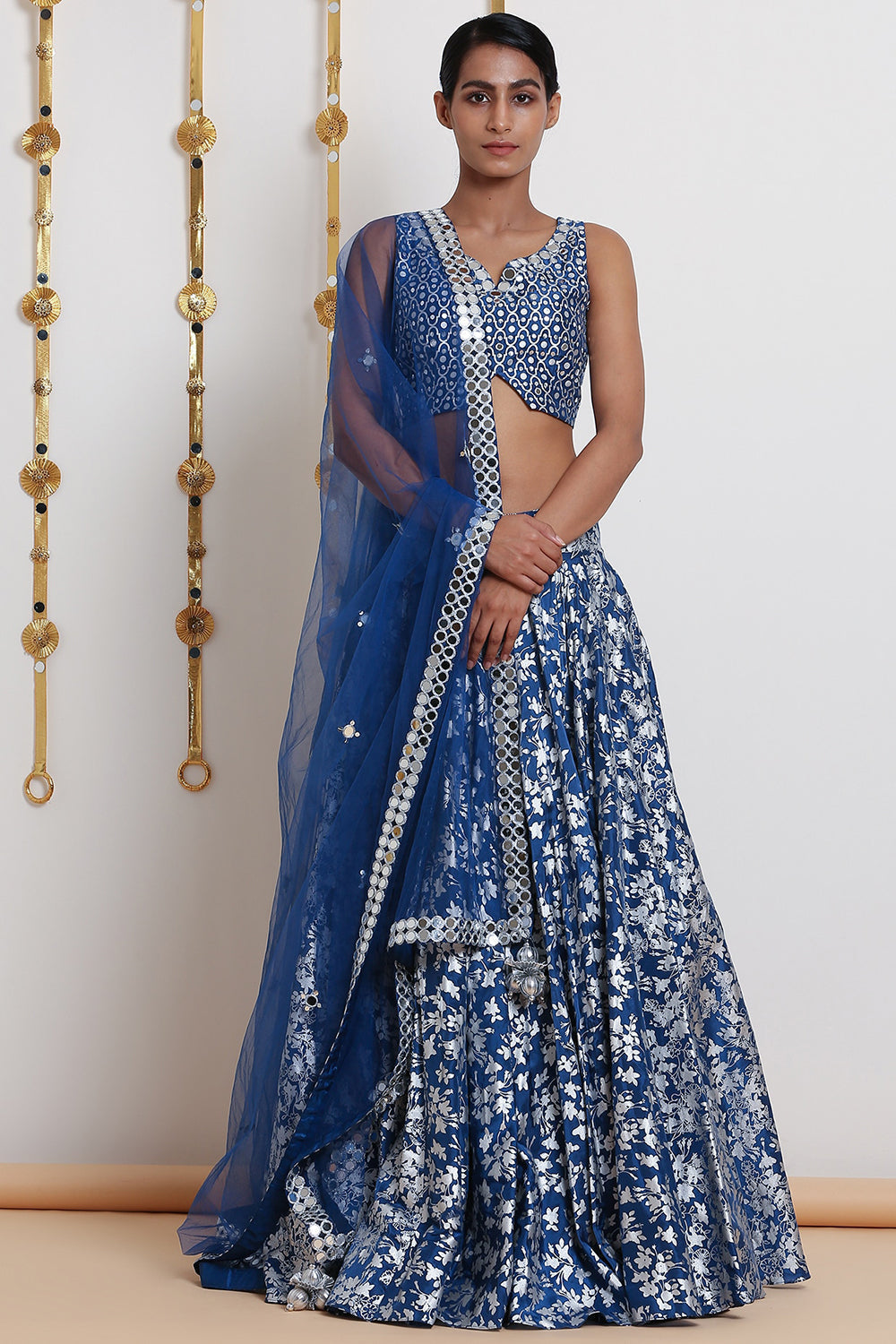 Embroidered & Printed Cobalt Blue Lehenga Set - Auraya Fashion - Seema Nanda - 