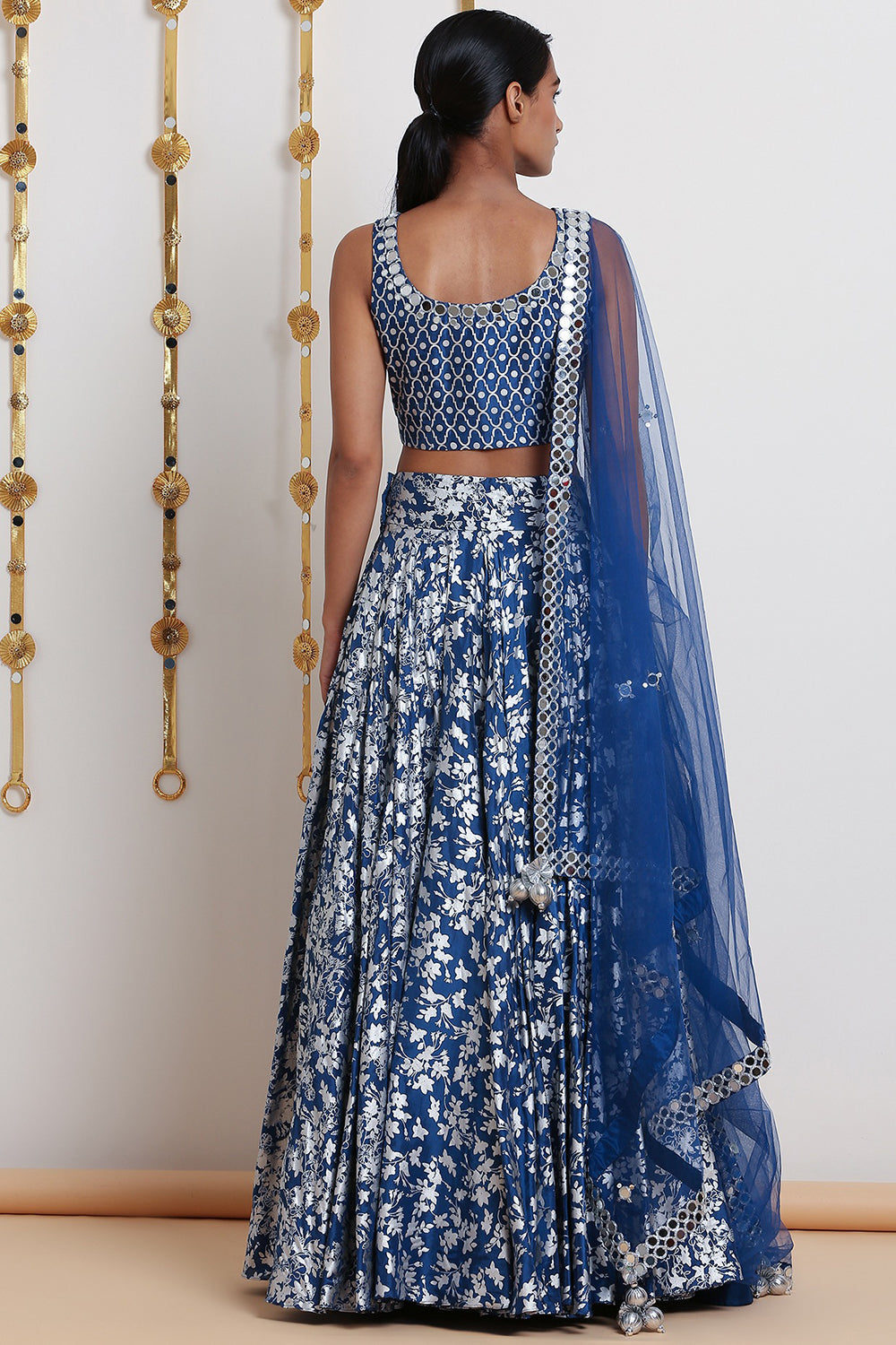 Embroidered & Printed Cobalt Blue Lehenga Set - Auraya Fashion 