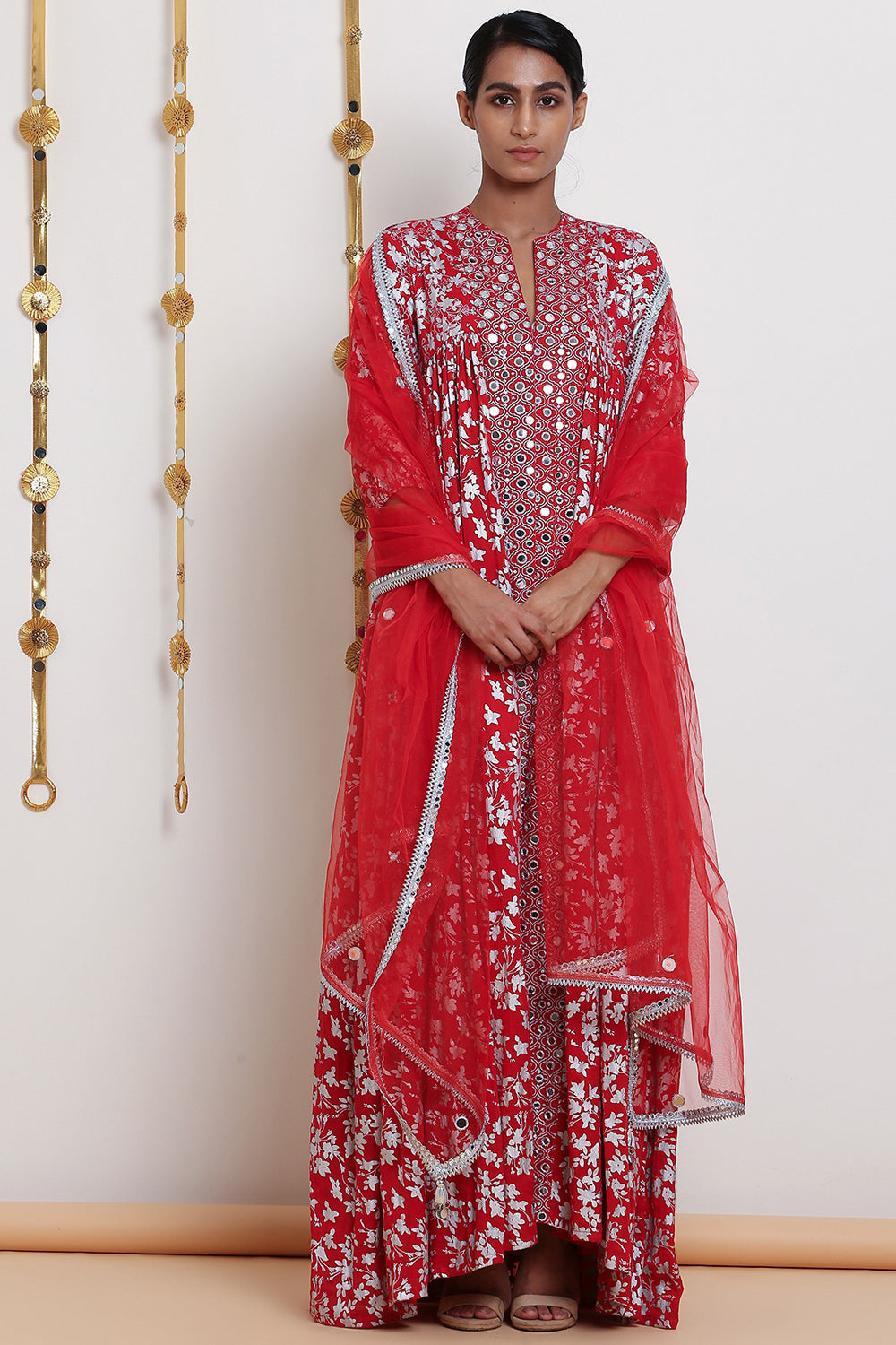 Embroidered Red & Printed Kurta Set - Auraya Fashion - Seema Nanda - 