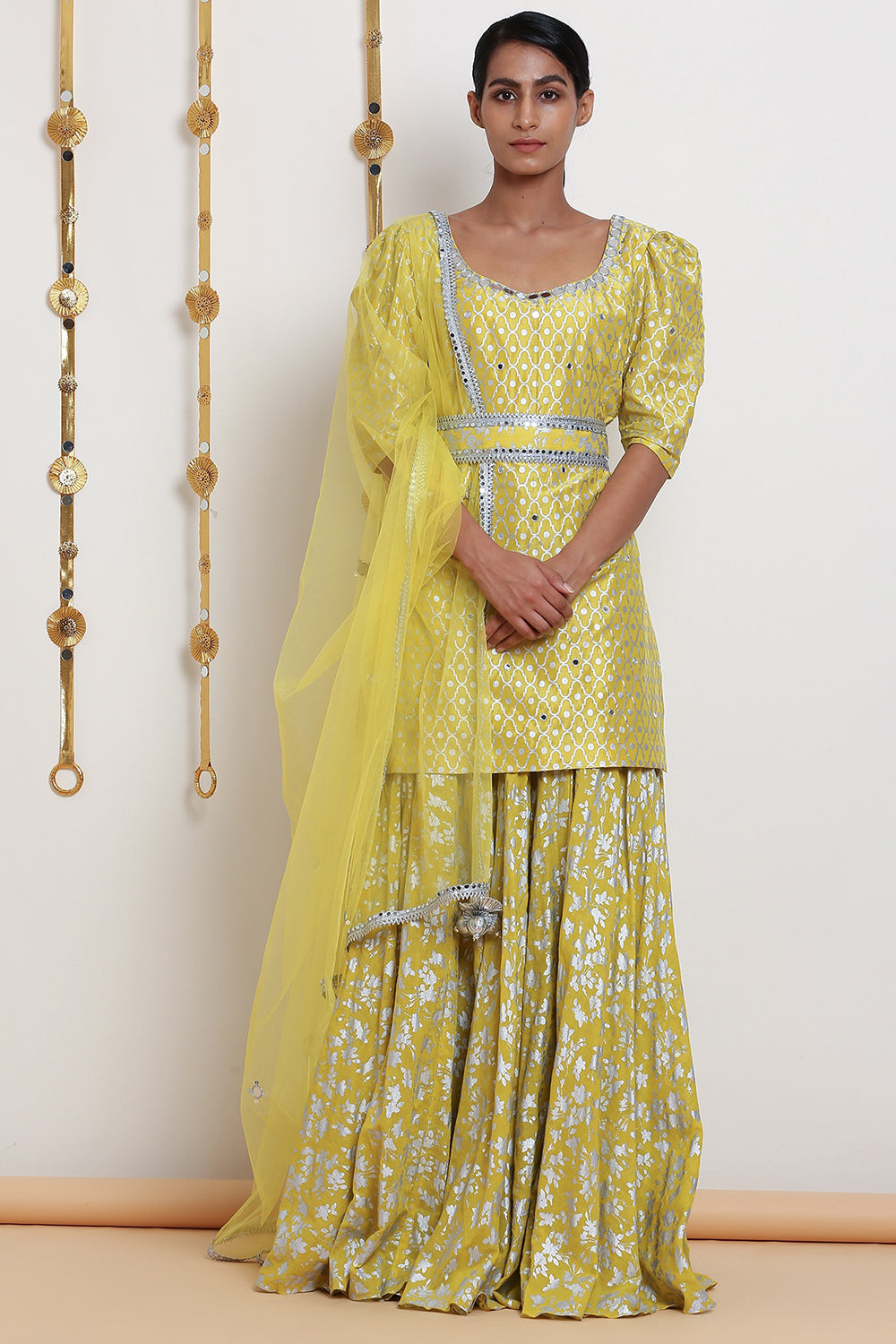 Embroidered Yellow & Printed Kurta Set - Auraya Fashion - Seema Nanda - 