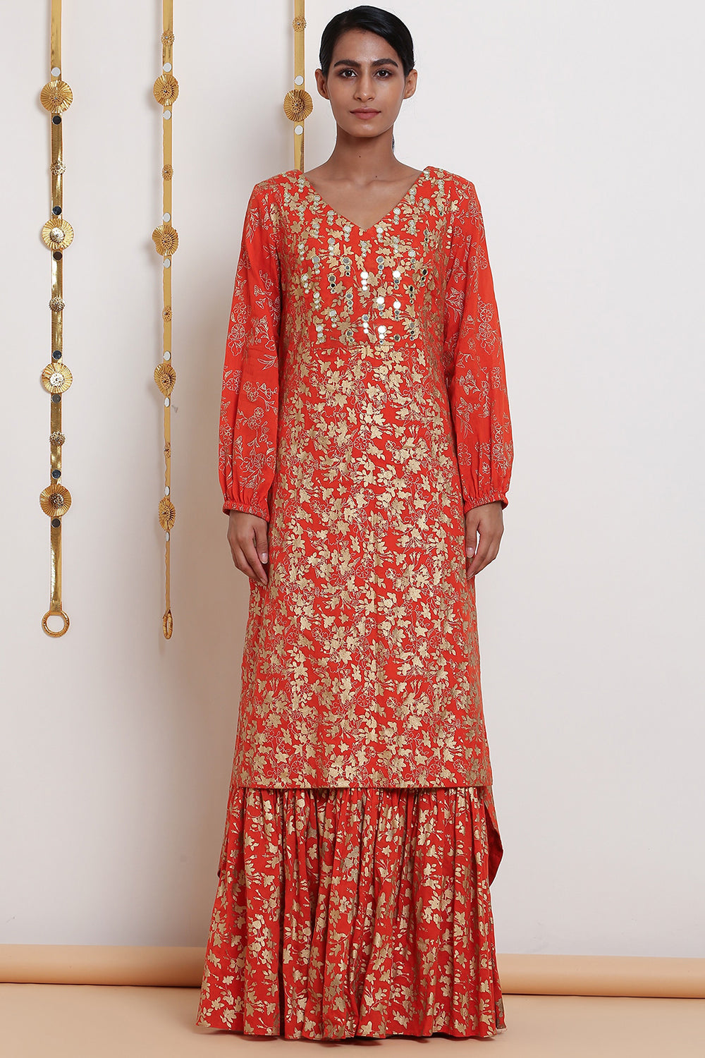 Embroidered & Printed Orange Kurta Set - Auraya Fashion - Seema Nanda - 