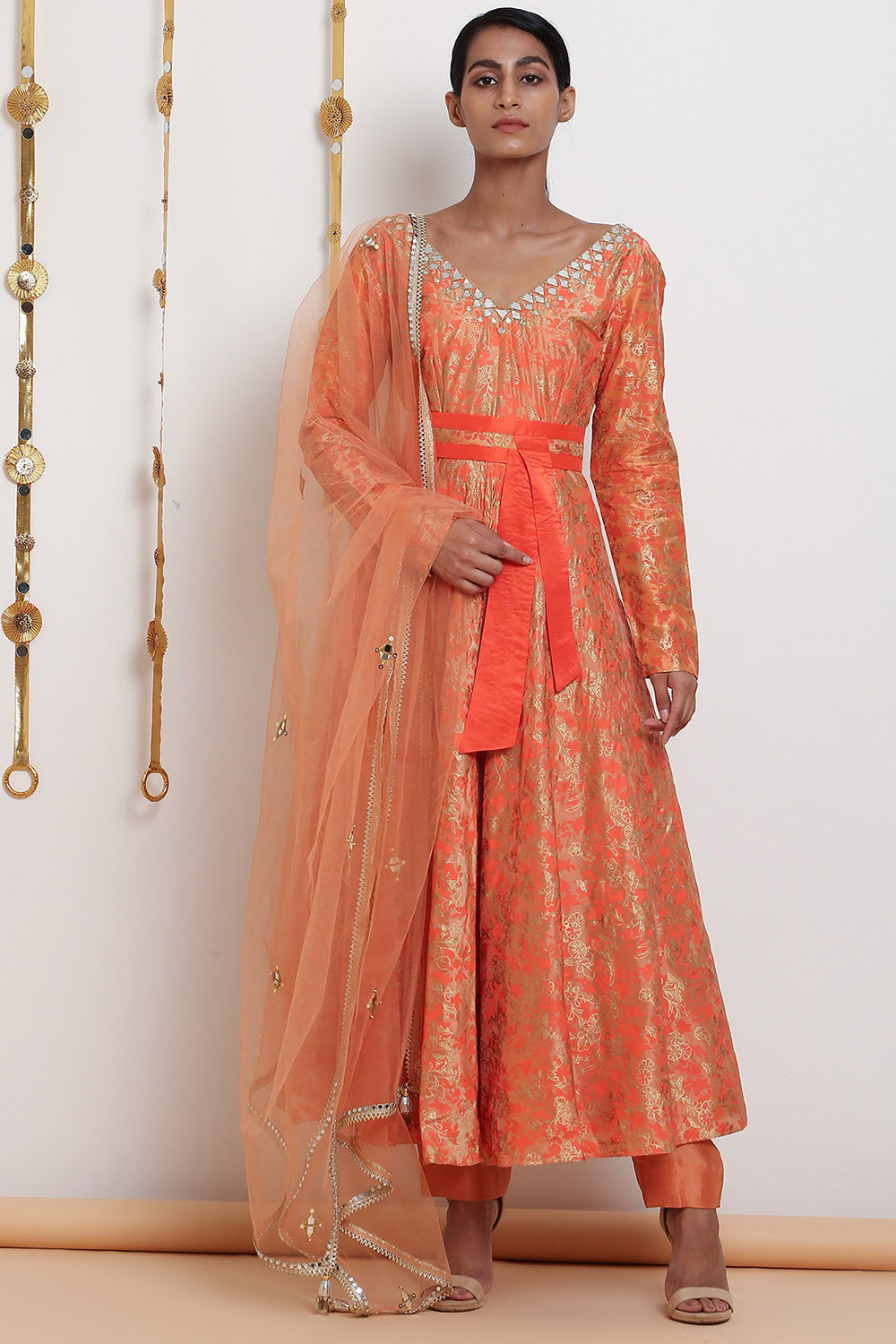 Embroidered Flared Peach Kurta Set With Belt - Auraya Fashion - Seema Nanda - 