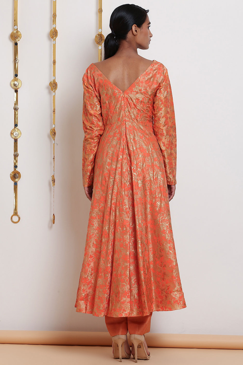 Embroidered Flared Peach Kurta Set With Belt - Auraya Fashion 