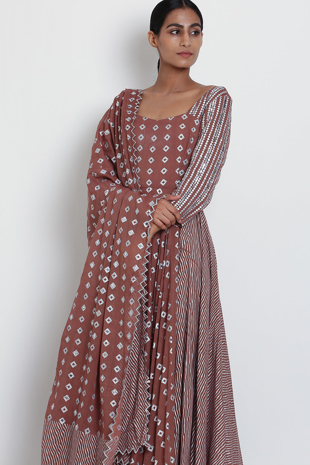 Floral Printed Brown Kurta Set - Auraya Fashion 