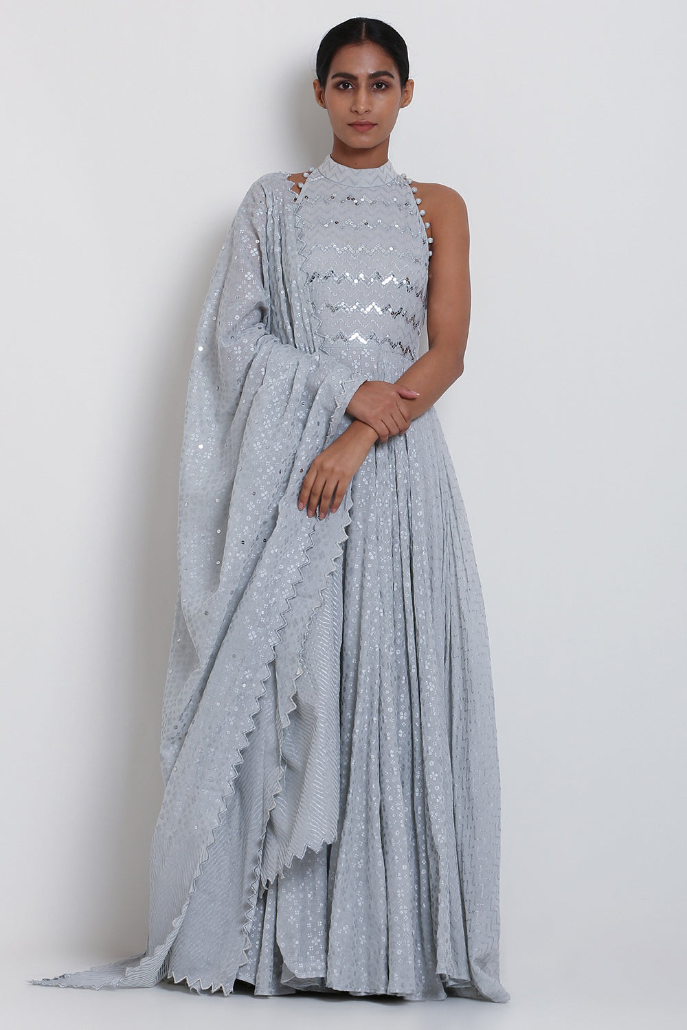 Embroidered Kalidar Grey Kurta Set - Auraya Fashion - Seema Nanda - 