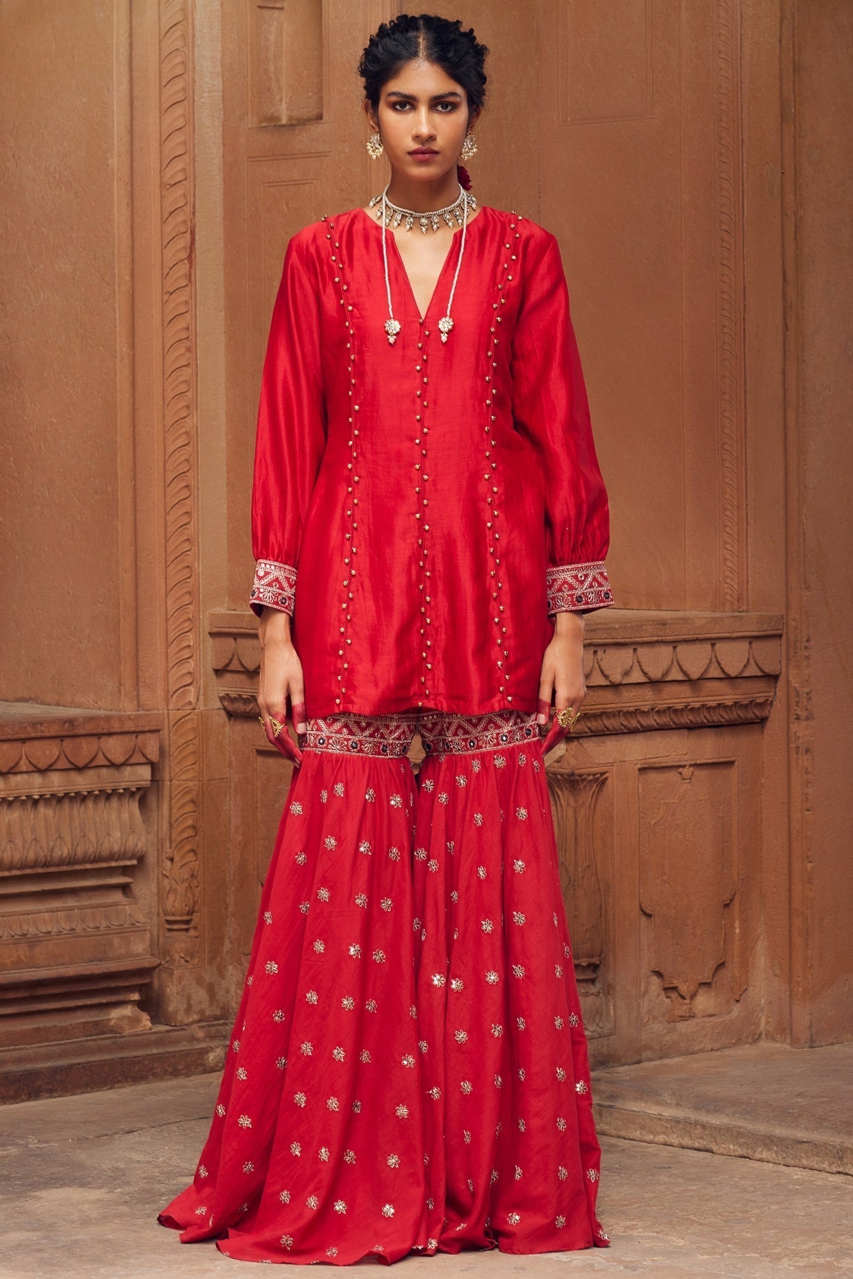 Embroidered Red Chanderi Silk Sharara Set - Auraya Fashion - Seema Nanda - 