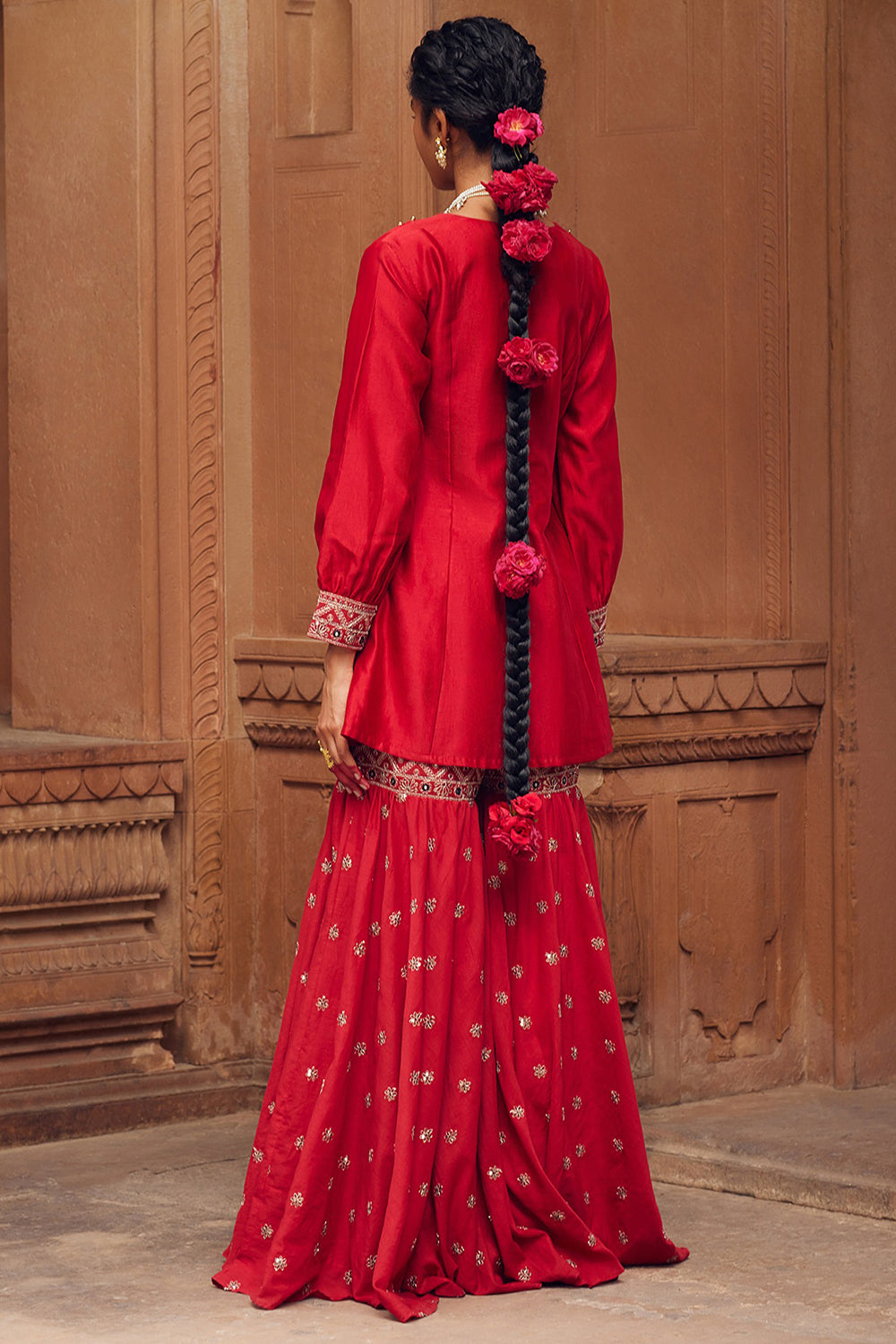 Embroidered Red Chanderi Silk Sharara Set - Auraya Fashion 