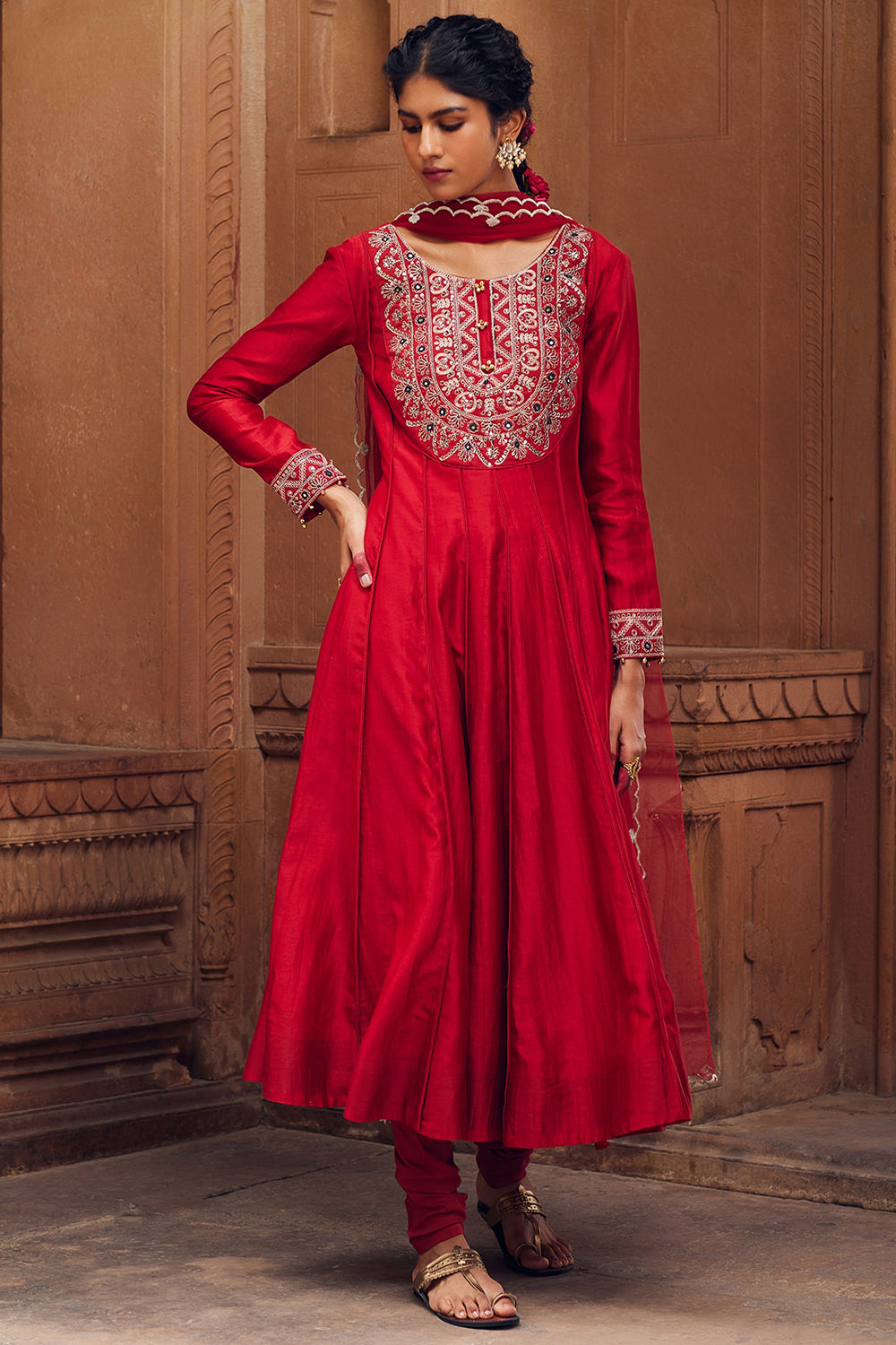 Embroidered Red Chanderi Silk Kalidar Kurta Set - Auraya Fashion - Seema Nanda - 