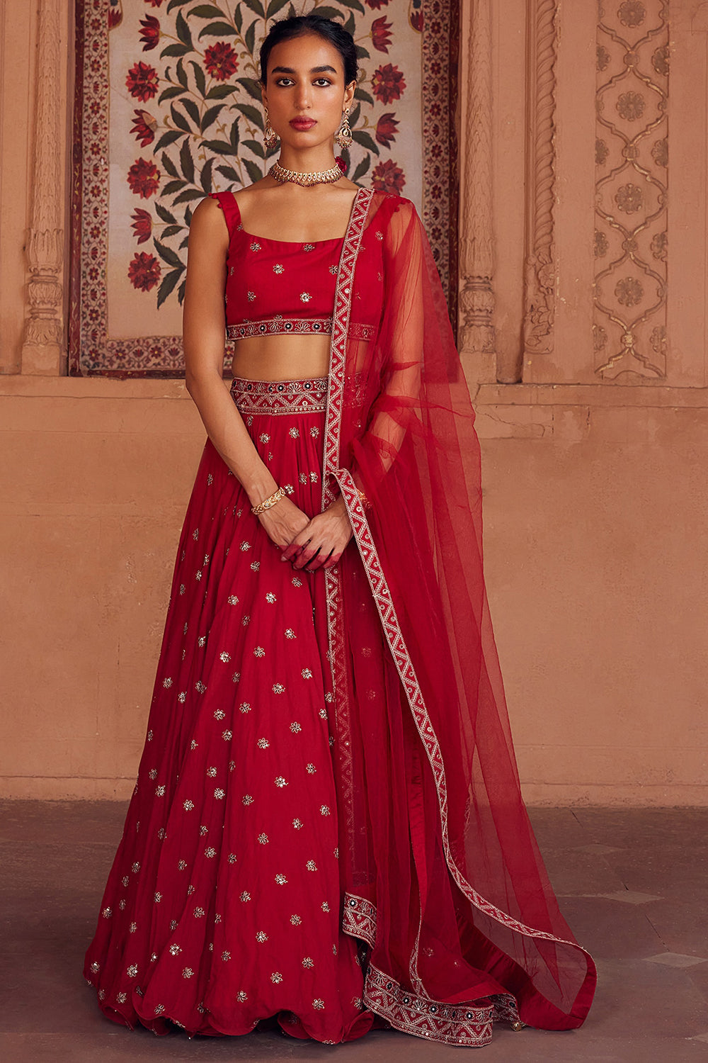 Embroidered Red Tulle Lehenga Set - Auraya Fashion - Seema Nanda - 