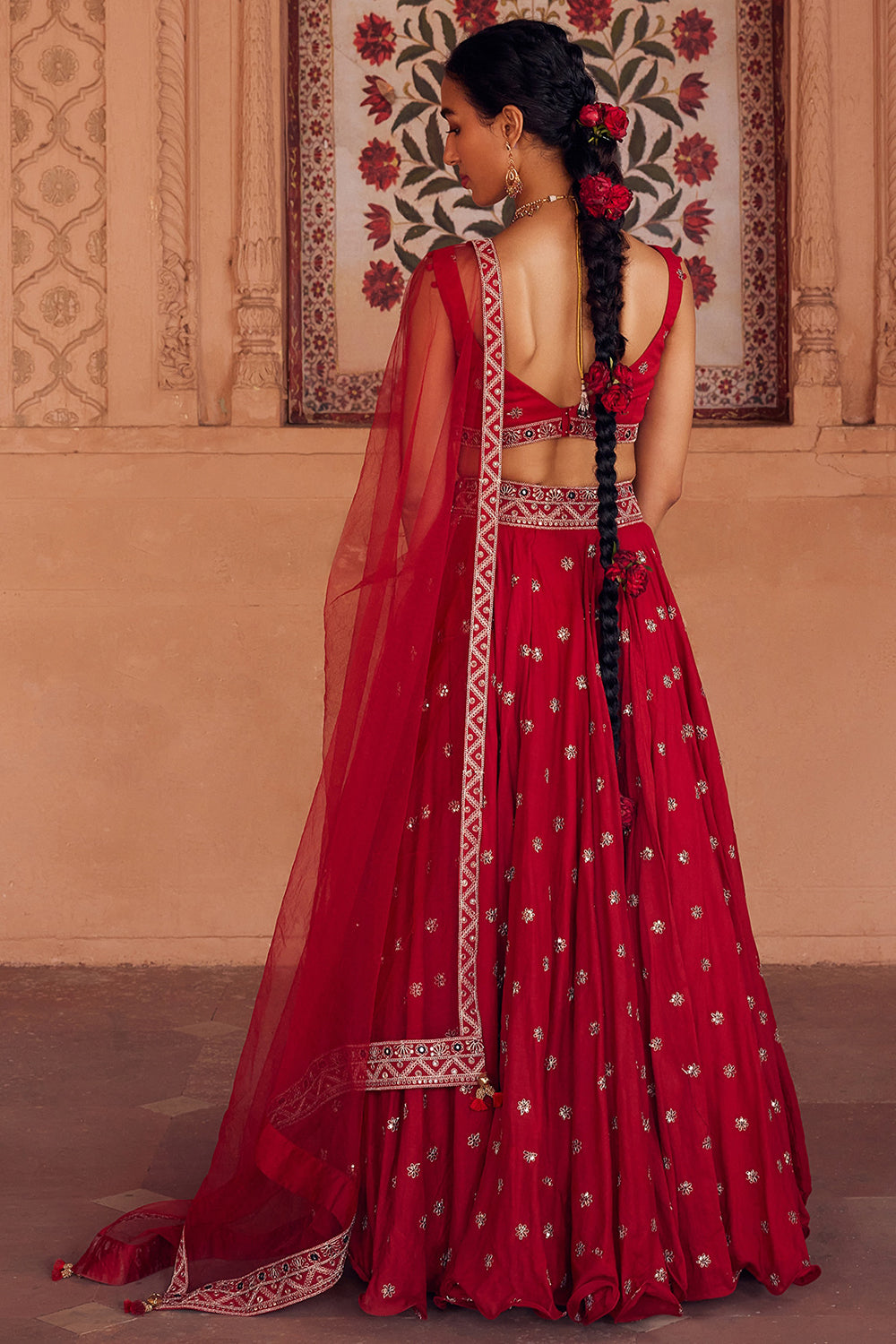 Embroidered Red Tulle Lehenga Set - Auraya Fashion 