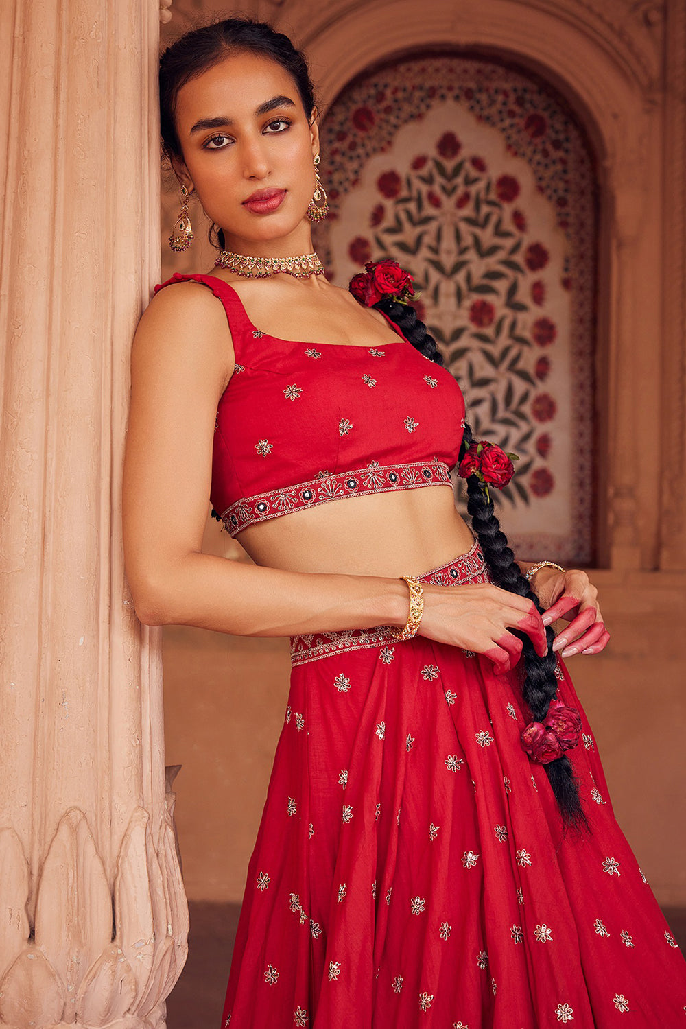 Embroidered Red Tulle Lehenga Set - Auraya Fashion 