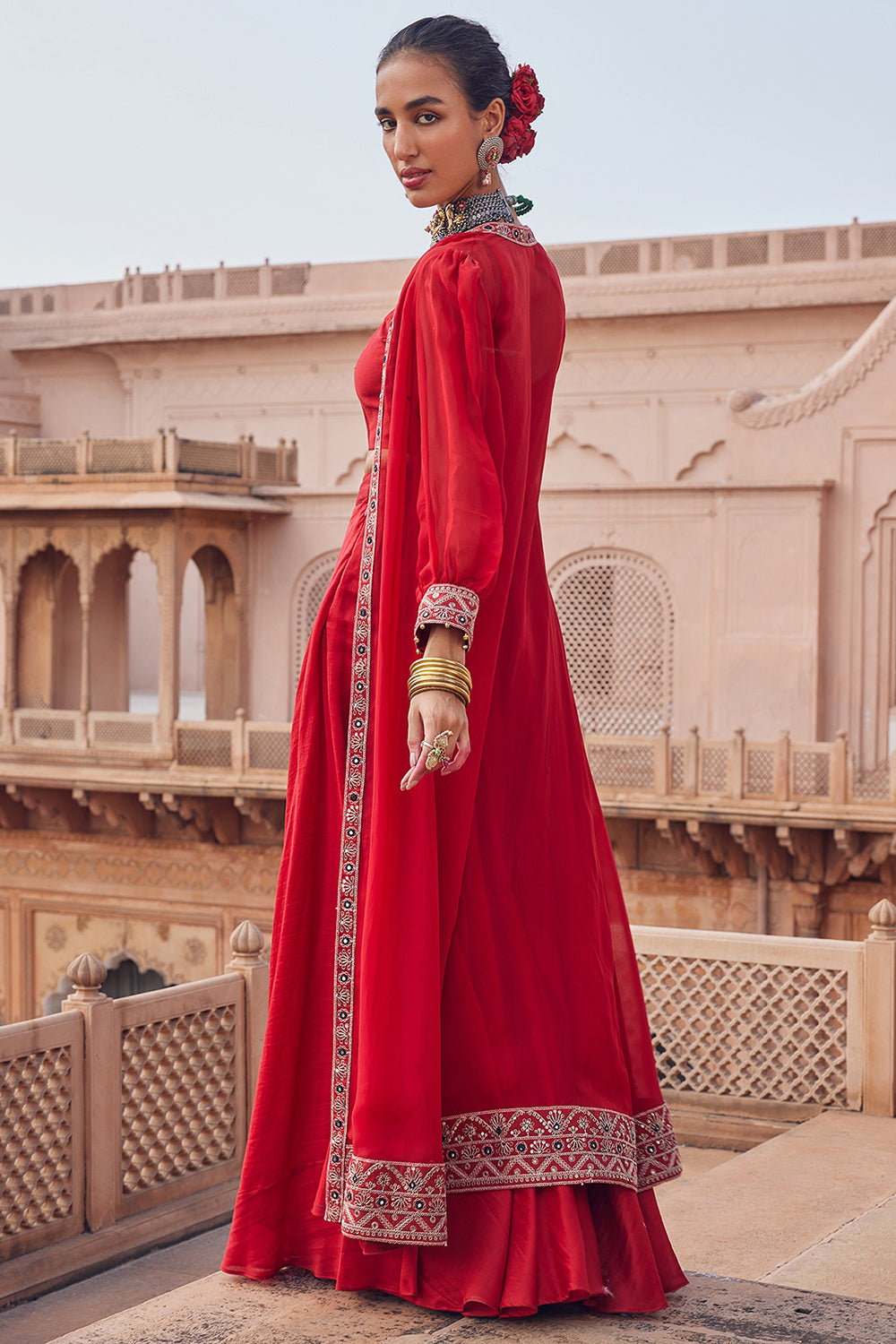 Embroidered Red Silk Organza & Chanderi Silk Co-Ord Set - Auraya Fashion 