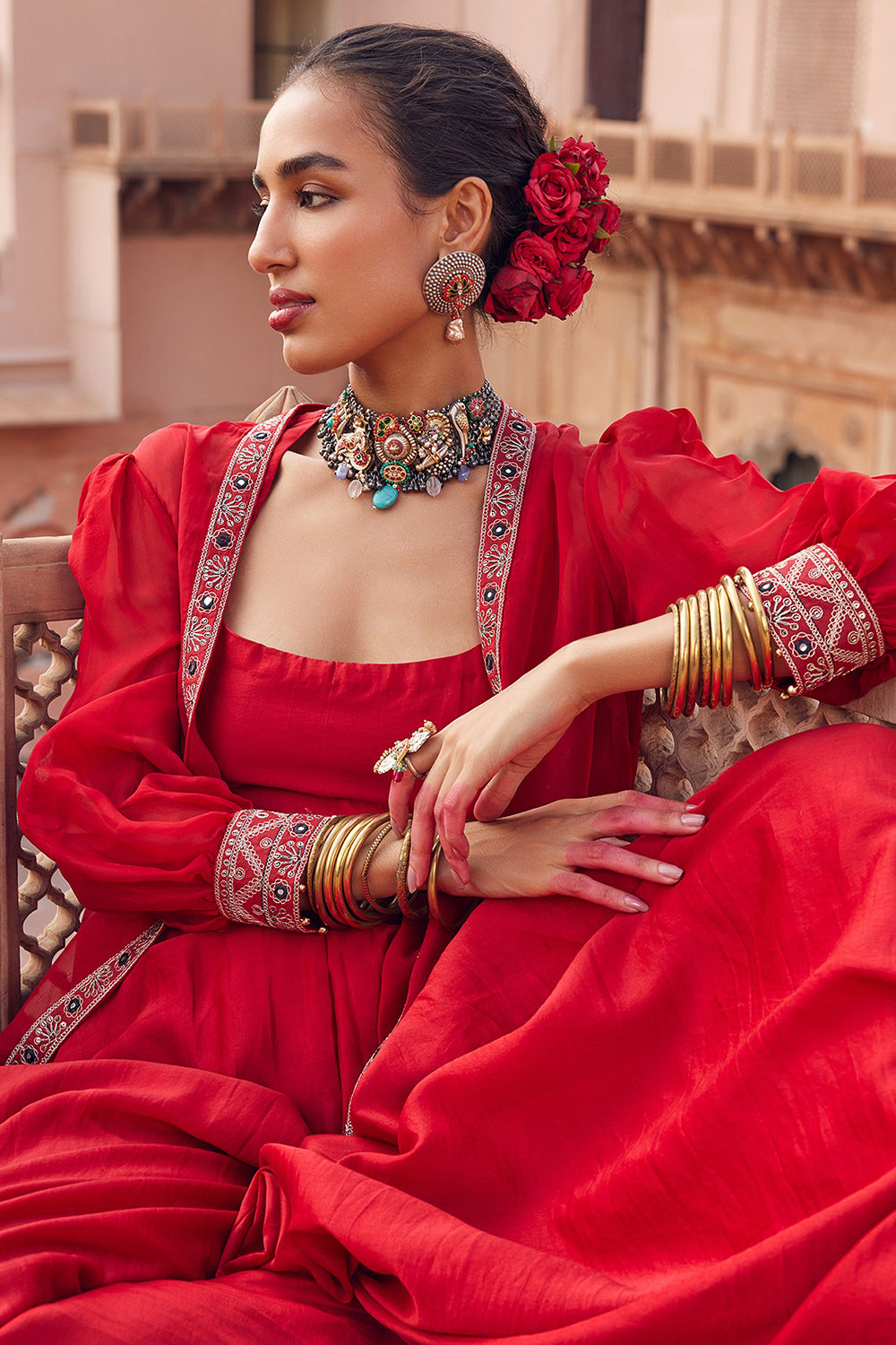 Embroidered Red Silk Organza & Chanderi Silk Co-Ord Set - Auraya Fashion 