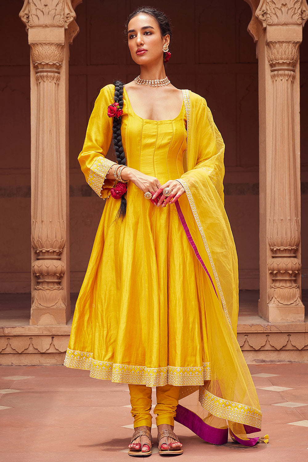 Embroidered Yellow Chanderi Silk Kalidar Kurta Set - Auraya Fashion - Seema Nanda - 