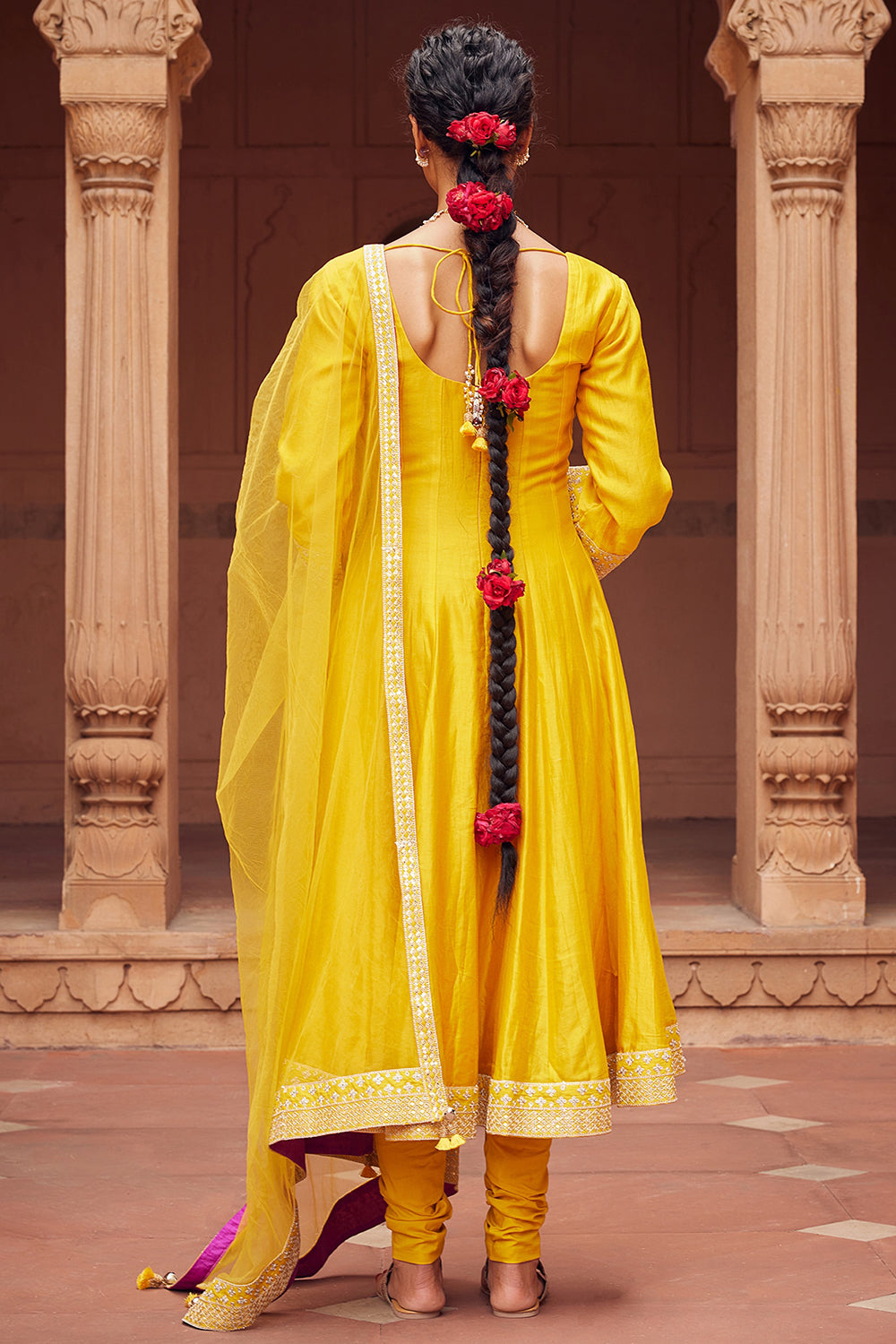 Embroidered Yellow Chanderi Silk Kalidar Kurta Set - Auraya Fashion 