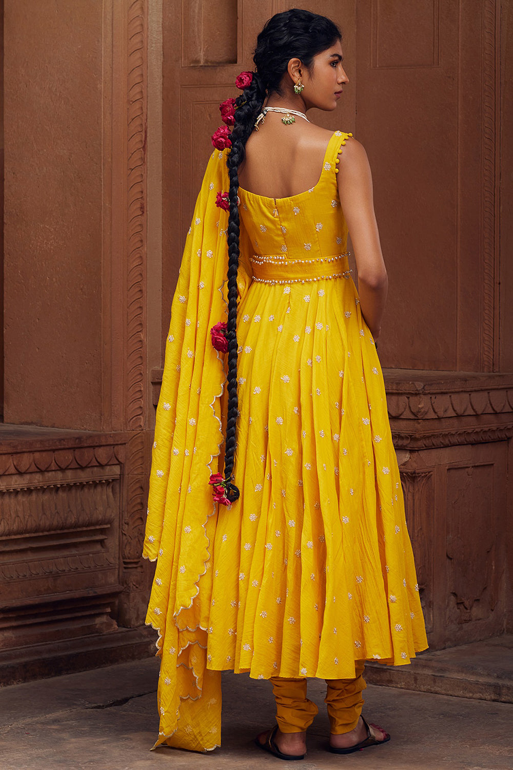 Embroidered Yellow Cotton Mul Kalidar Kurta Set - Auraya Fashion 