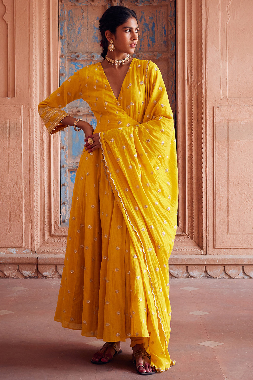 Embroidered Angrakha Yellow Cotton Mul Kurta Set - Auraya Fashion - Seema Nanda - 