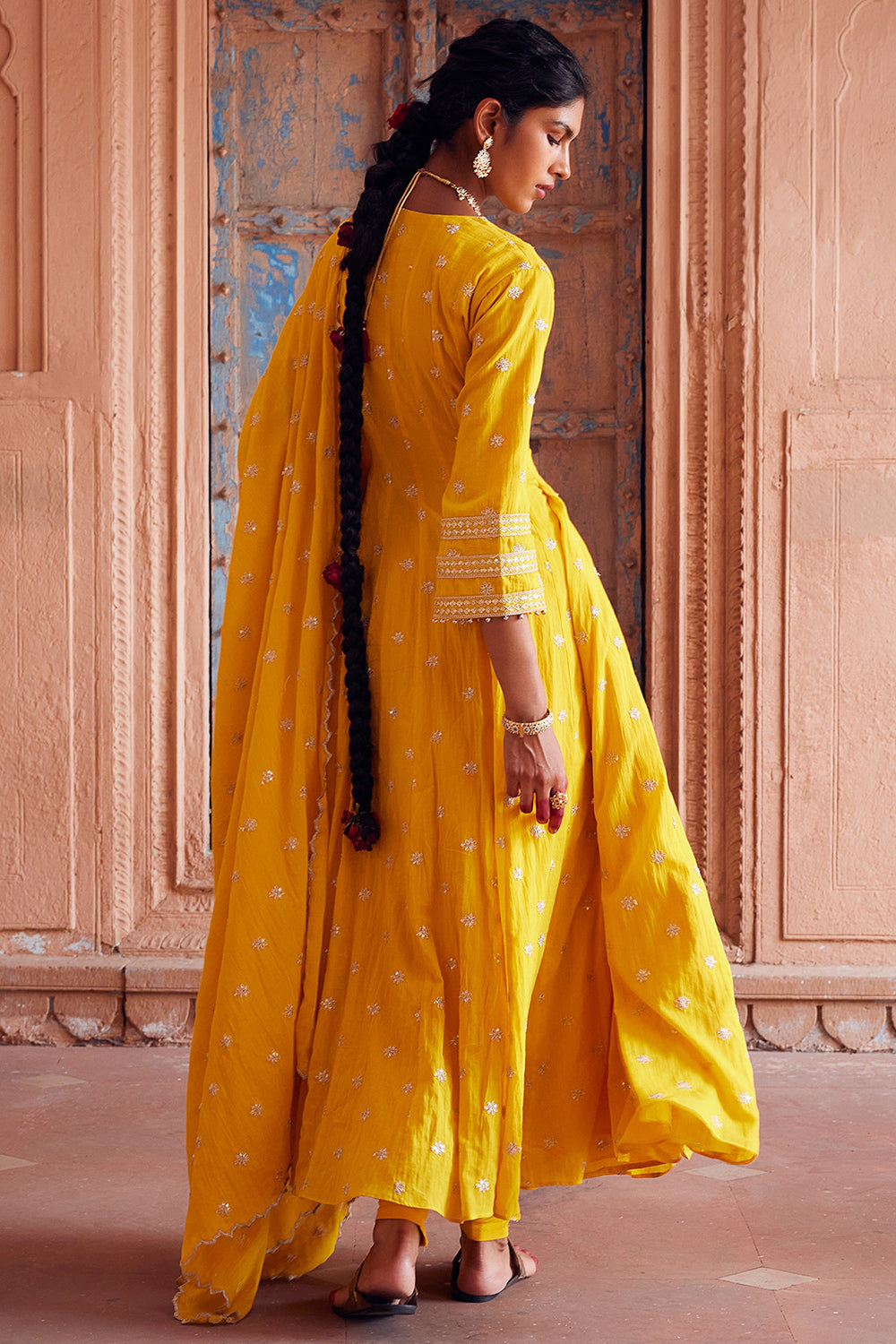 Embroidered Angrakha Yellow Cotton Mul Kurta Set - Auraya Fashion 